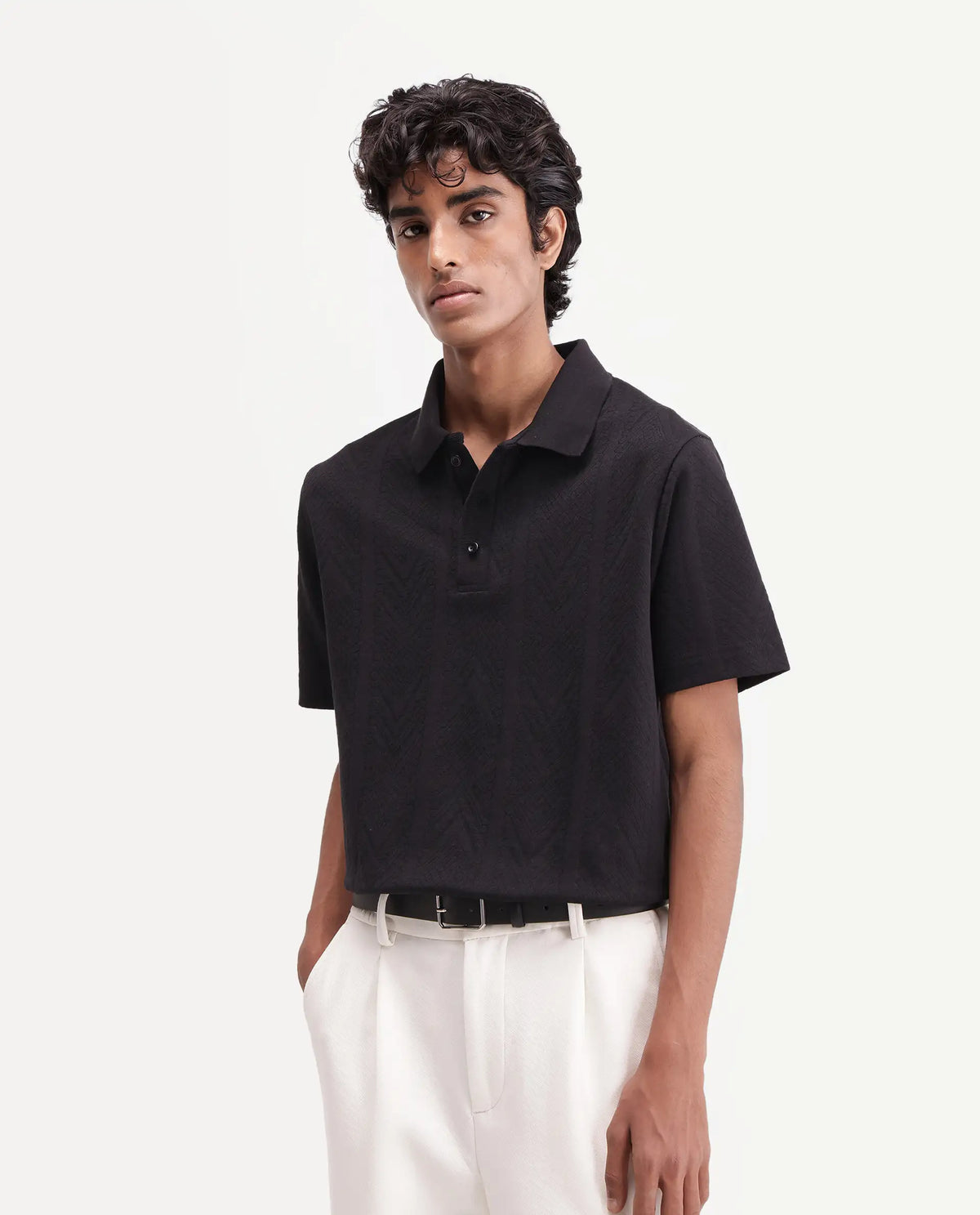 Rare Rabbit Men's Stike Black Cotton Blend Spread Collar Regular Jacquard Polo