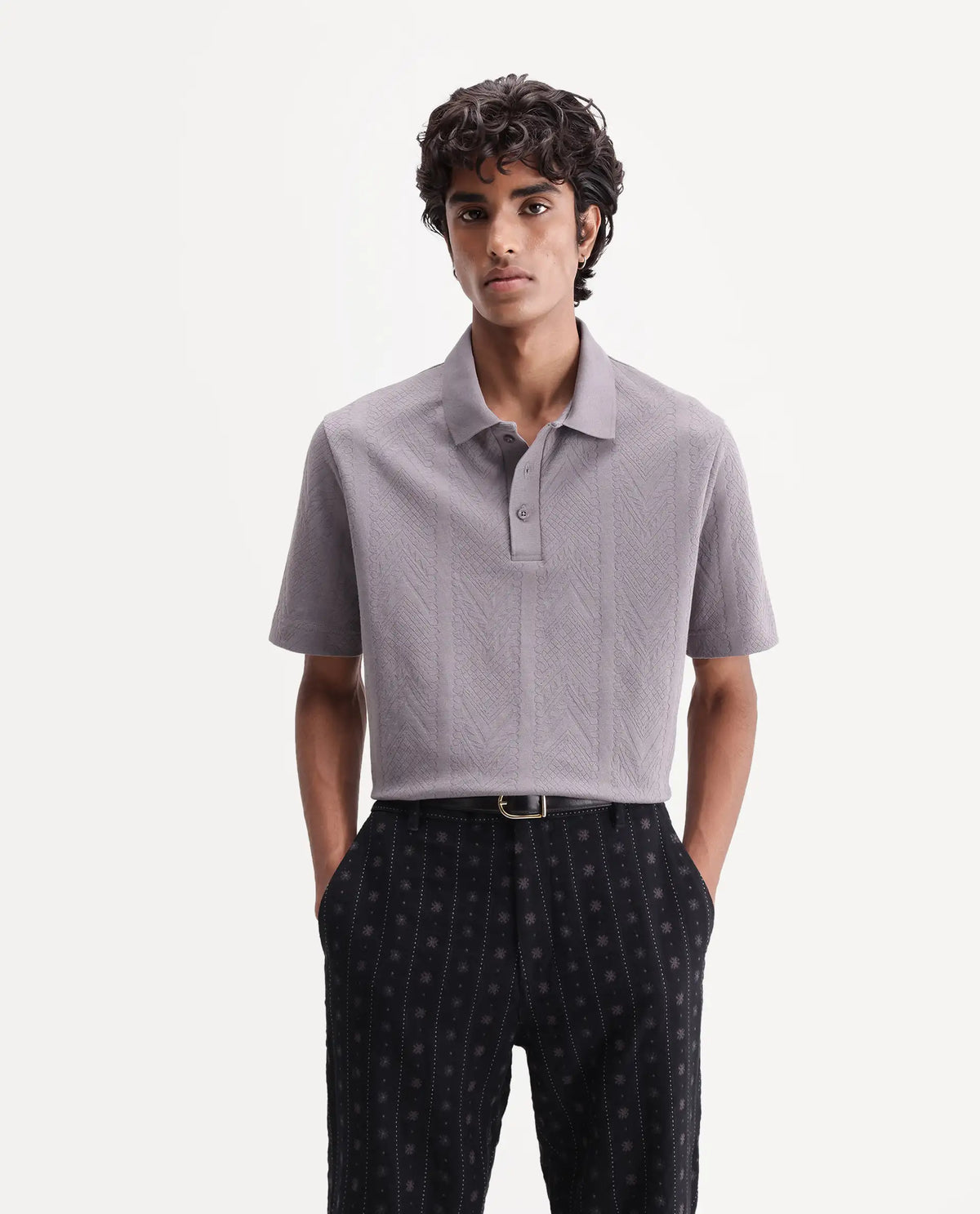 Rare Rabbit Men's Stike Light Grey Cotton Blend Spread Collar Regular Jacquard Polo