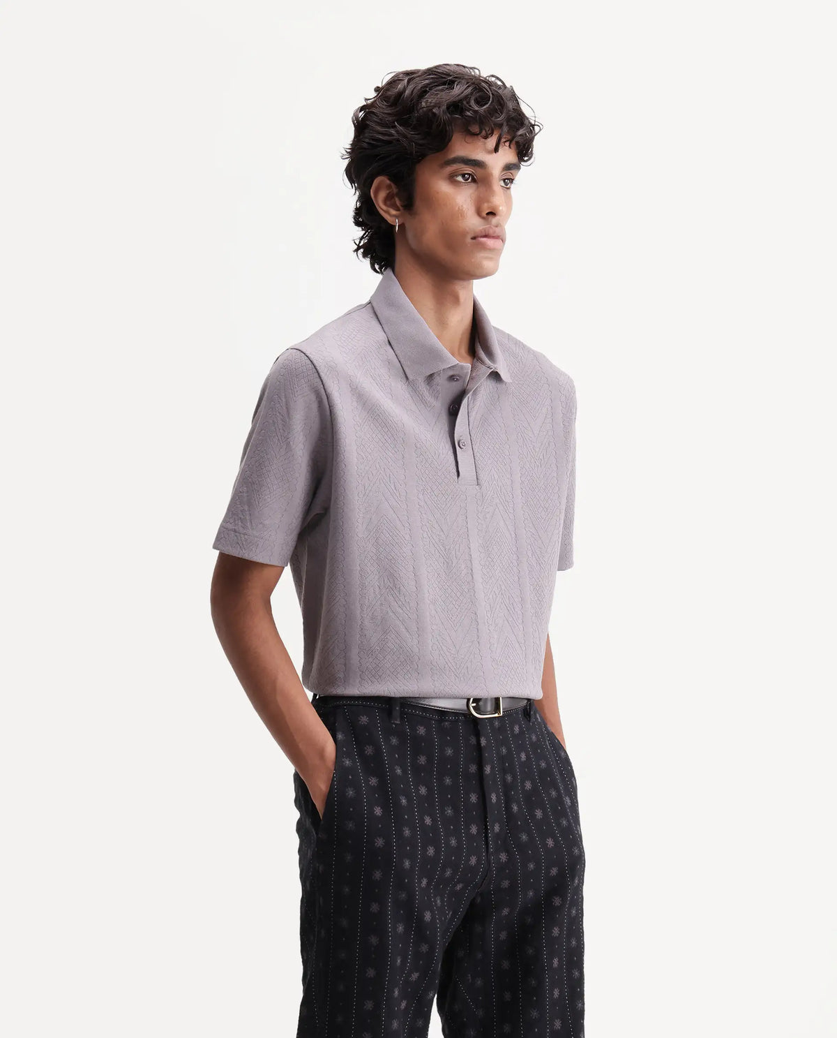 Rare Rabbit Men's Stike Light Grey Cotton Blend Spread Collar Regular Jacquard Polo