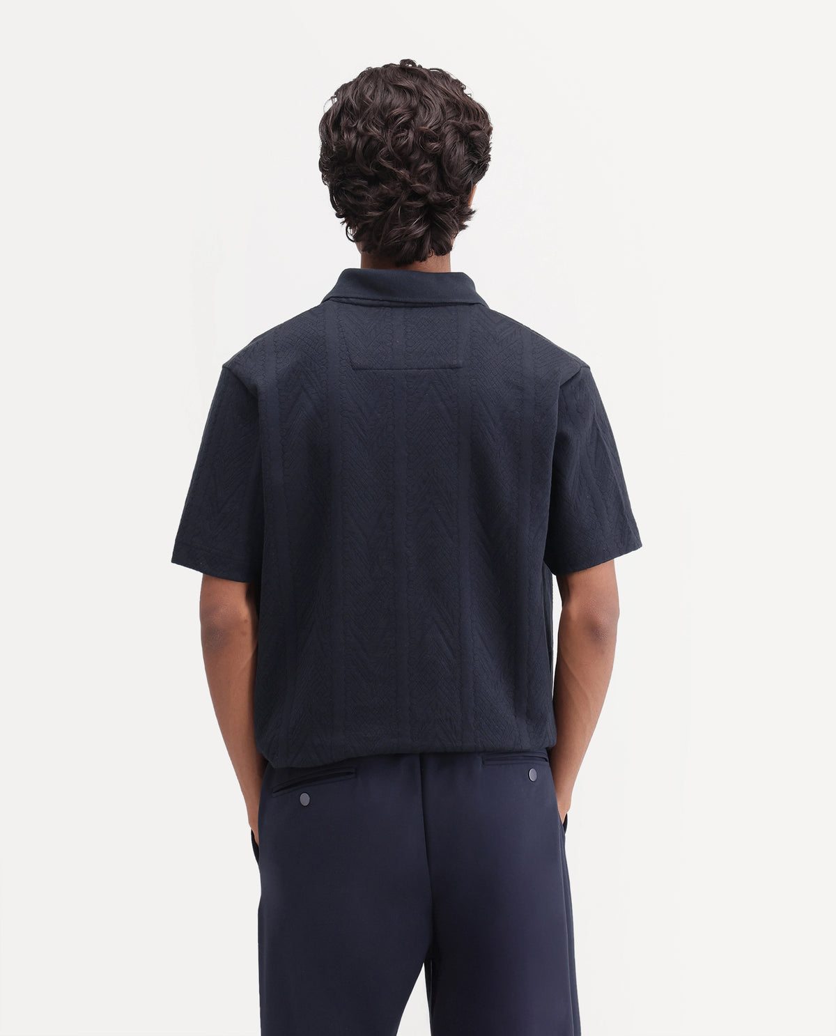 Rare Rabbit Men's Stike Navy Cotton Blend Spread Collar Regular Jacquard Polo