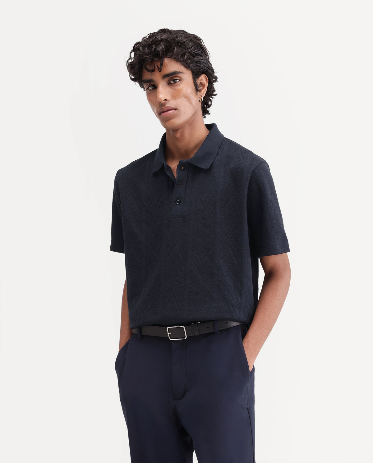 Rare Rabbit Men's Stike Navy Cotton Blend Spread Collar Regular Jacquard Polo