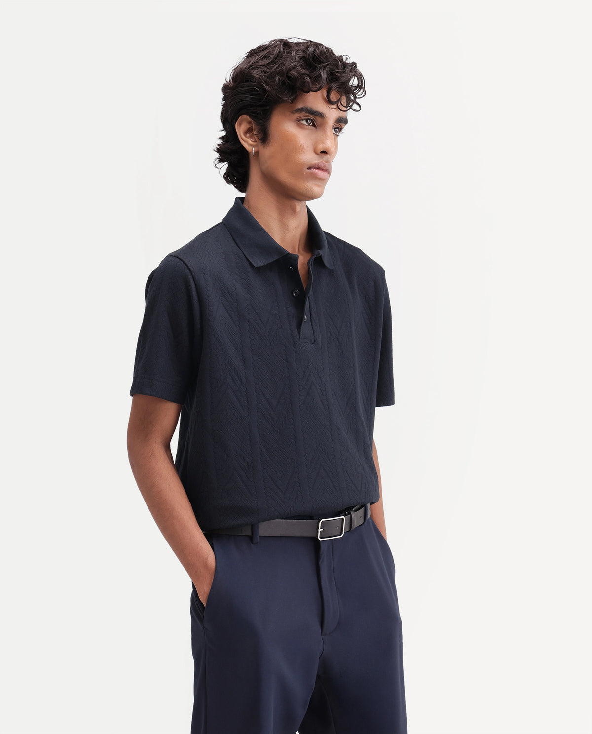 Rare Rabbit Men's Stike Navy Cotton Blend Spread Collar Regular Jacquard Polo