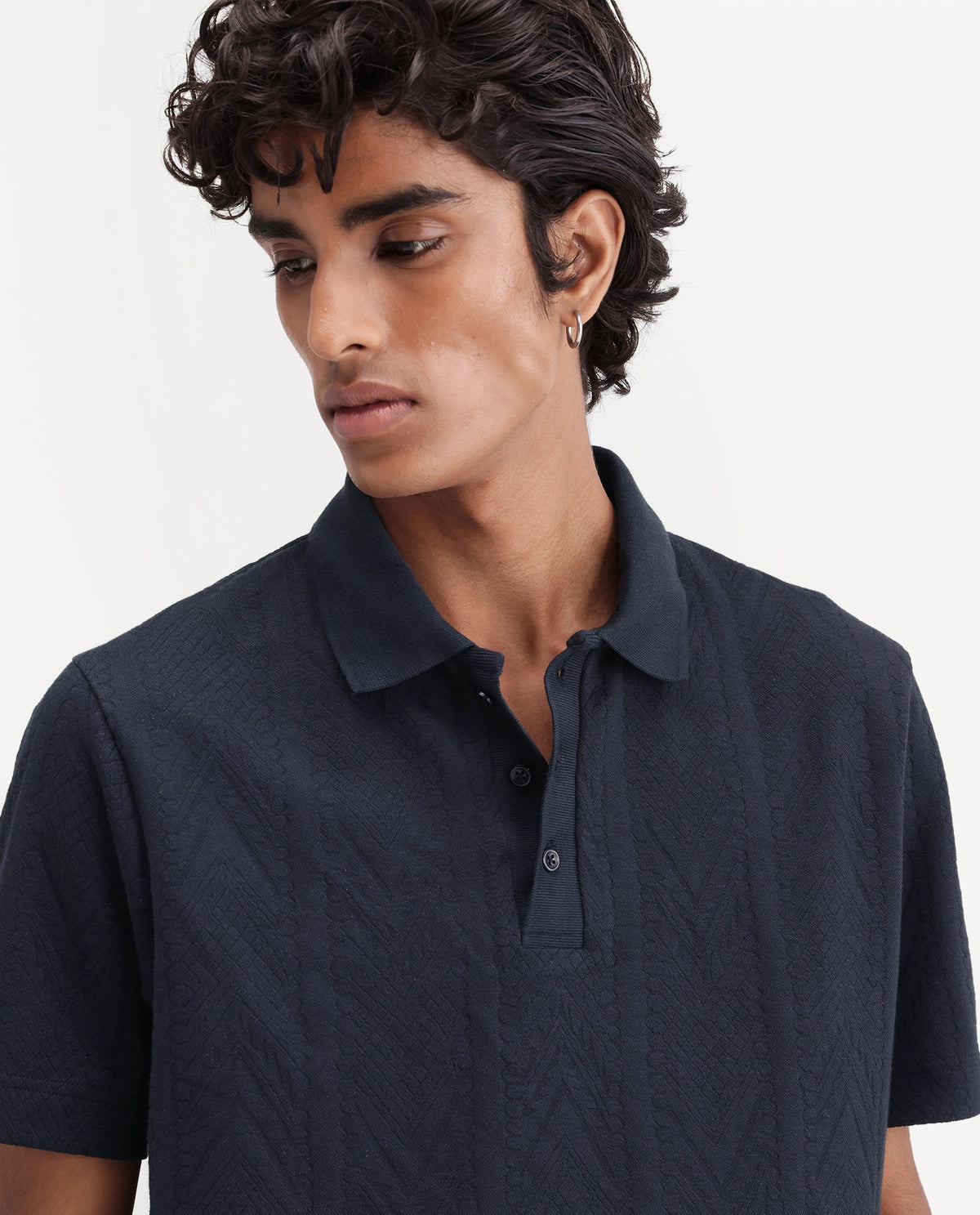 Rare Rabbit Men's Stike Navy Cotton Blend Spread Collar Regular Jacquard Polo