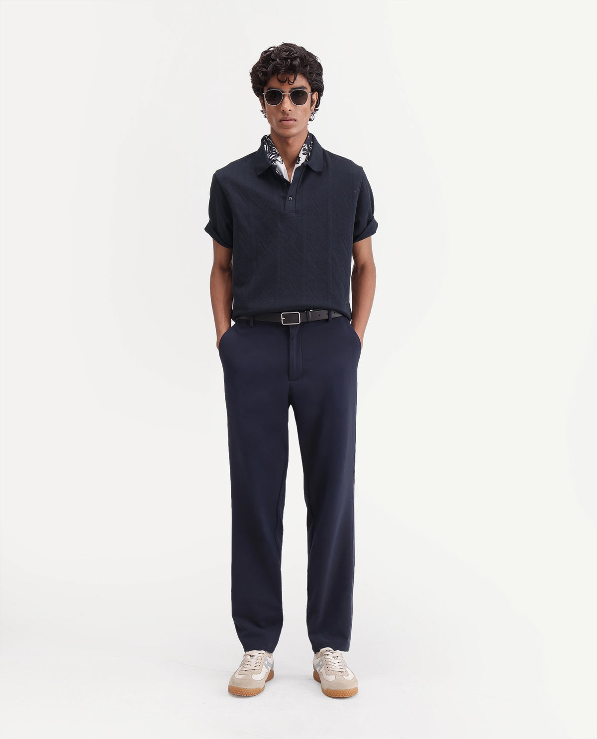 Rare Rabbit Men's Stike Navy Cotton Blend Spread Collar Regular Jacquard Polo