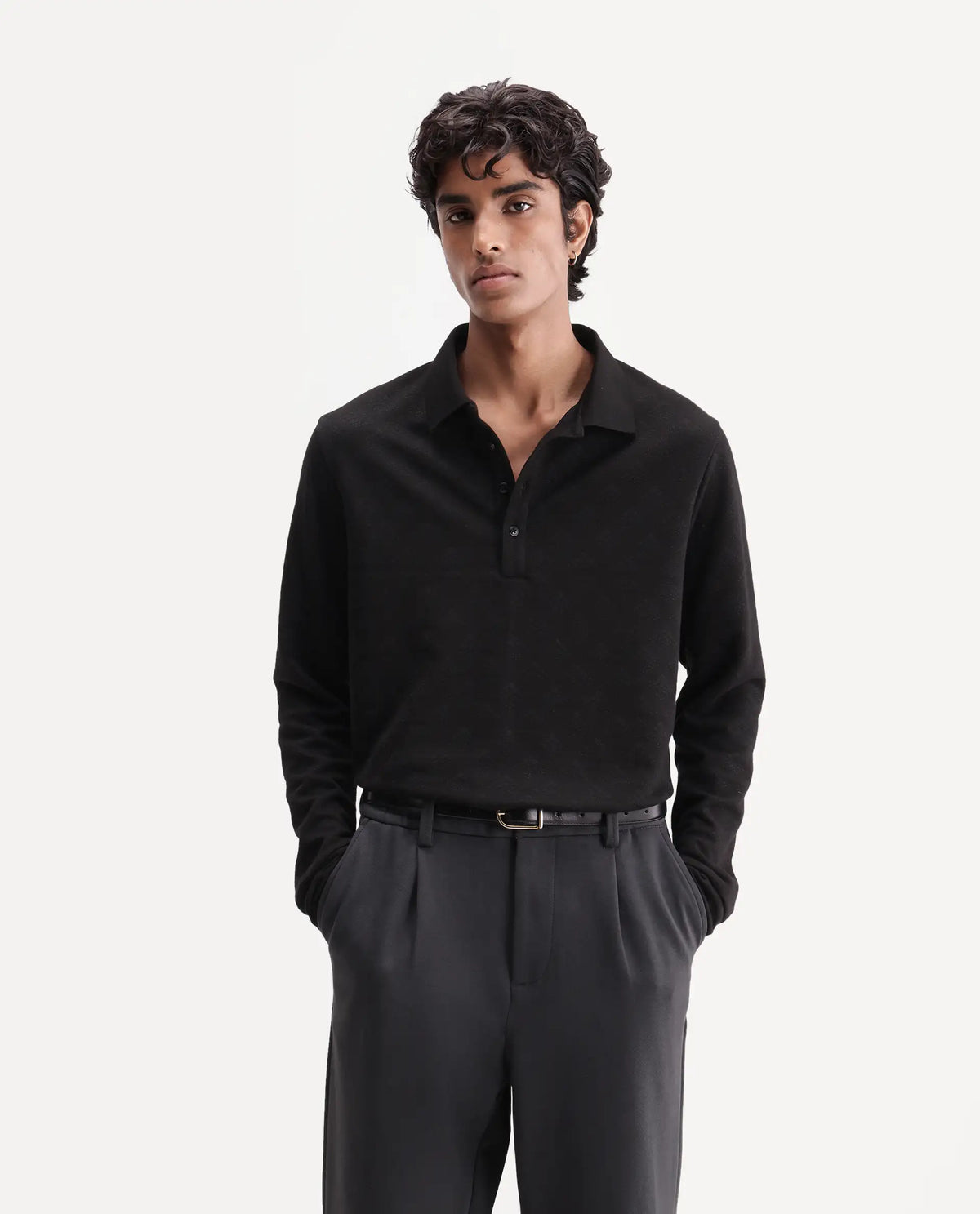 Rare Rabbit Men's Swar Black Polyester Blend Spread Collar Regular Jacquard Polo