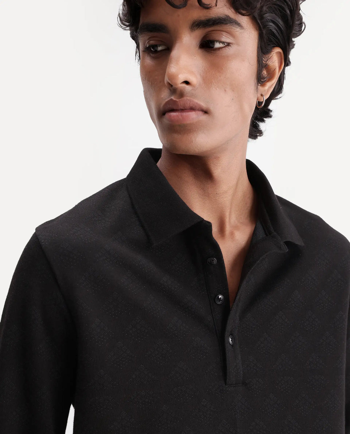 Rare Rabbit Men's Swar Black Polyester Blend Spread Collar Regular Jacquard Polo