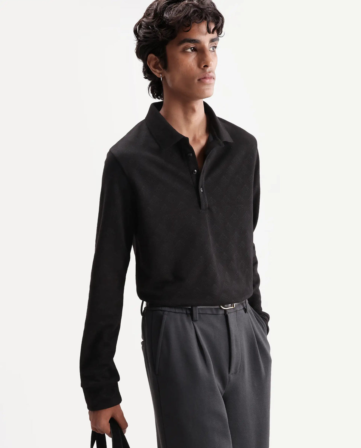 Rare Rabbit Men's Swar Black Polyester Blend Spread Collar Regular Jacquard Polo