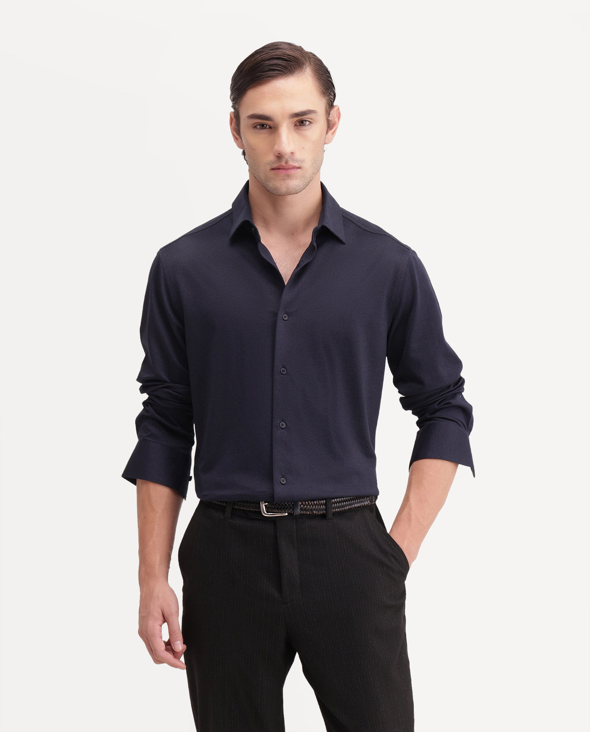 Rare Rabbit Men's Torq Black Cotton Blend Button Regular Fit Plain Shirt
