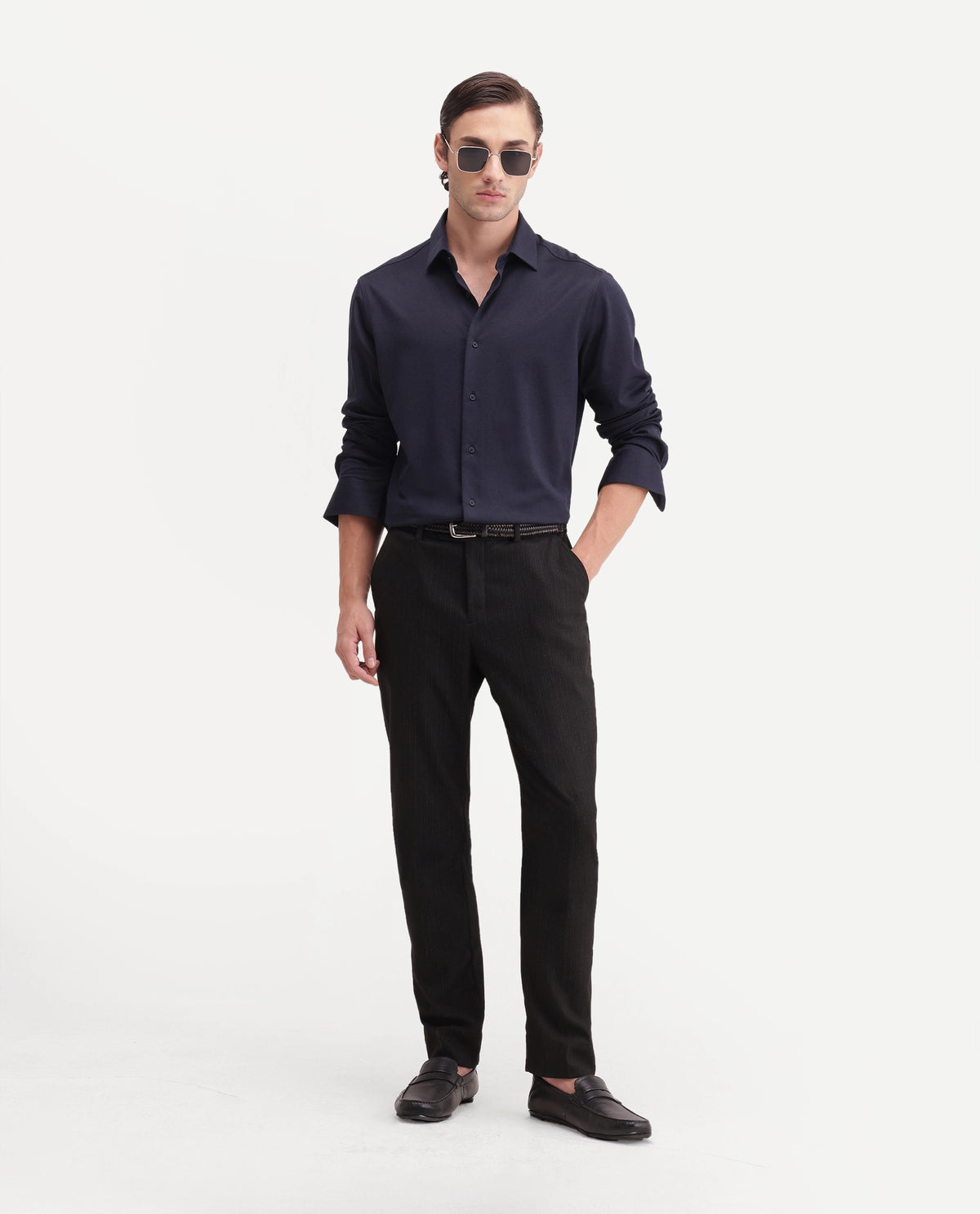 Rare Rabbit Men's Torq Black Cotton Blend Button Regular Fit Plain Shirt