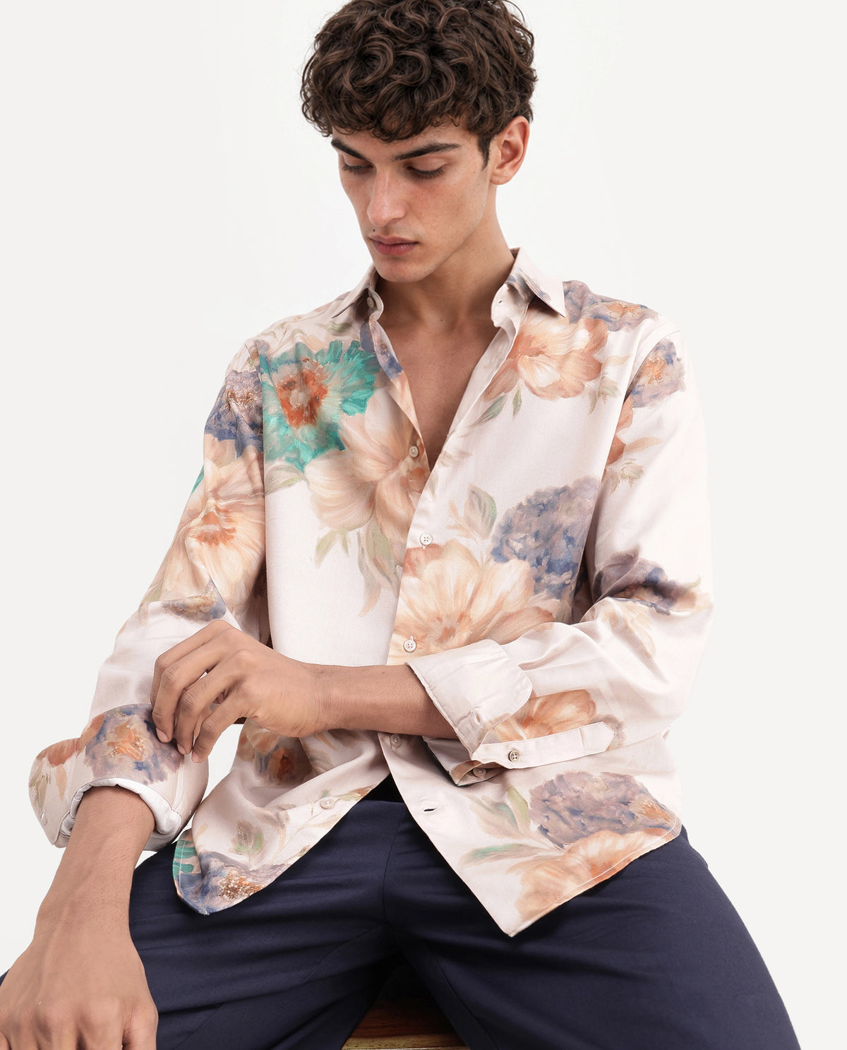 Rare Rabbit Men's Rime Dusky Beige Cotton Blend Button Regular Fit Floral Print Shirt