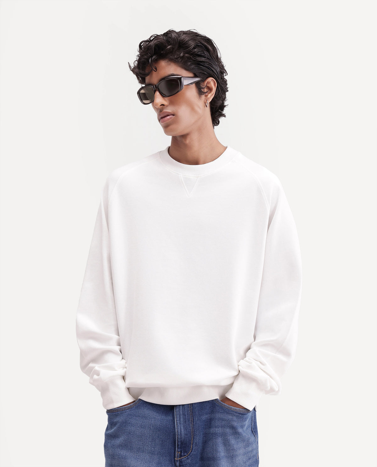 Rare Rabbit Men's Nabro Primary White Cotton Blend High Neck Regular Plain Sweatshirt