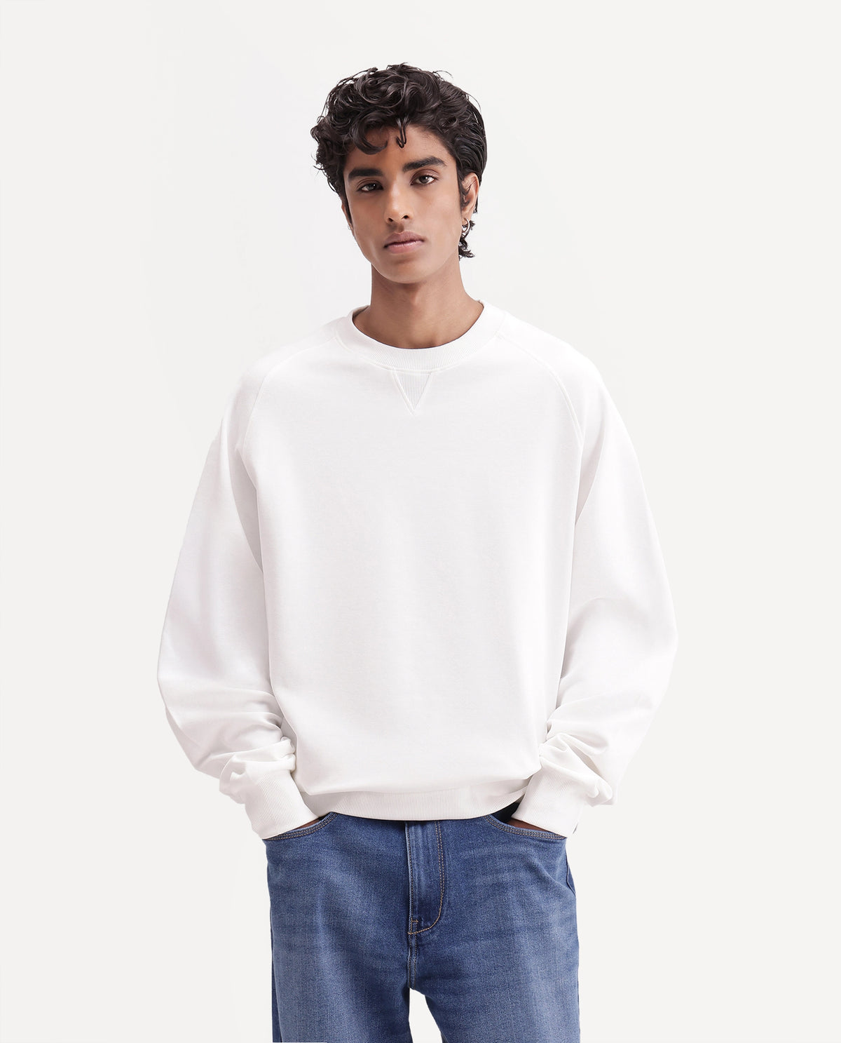 Rare Rabbit Men's Nabro Primary White Cotton Blend High Neck Regular Plain Sweatshirt