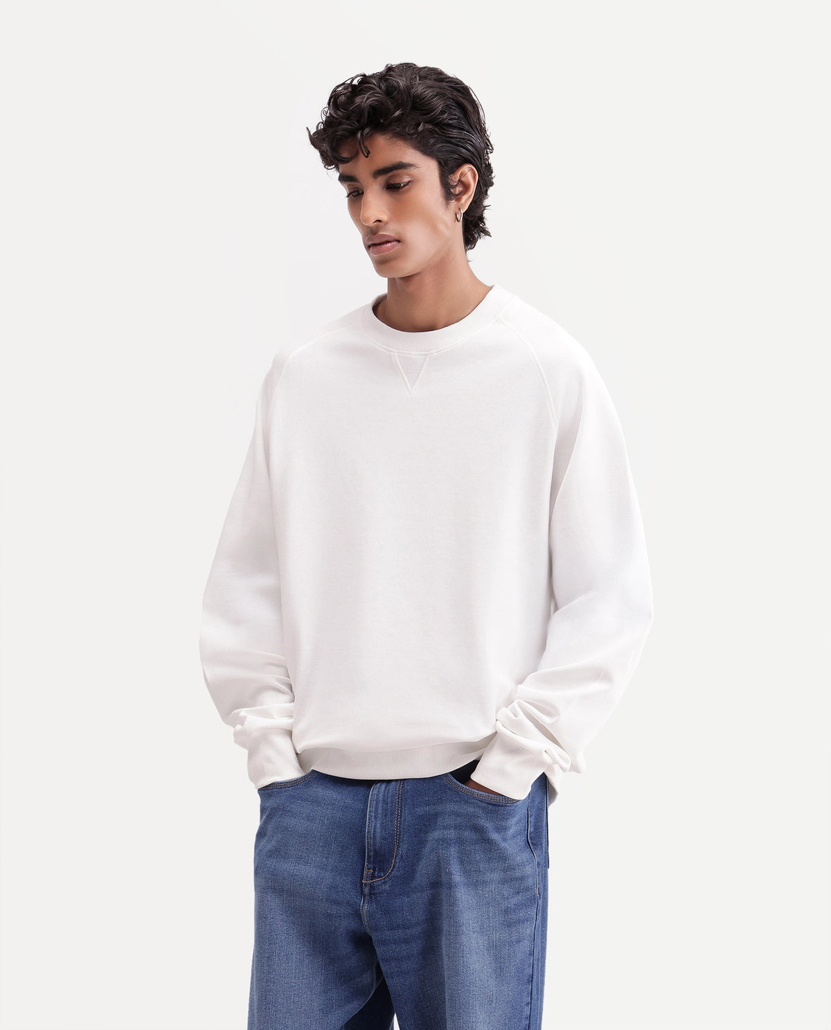 Rare Rabbit Men's Nabro Primary White Cotton Blend High Neck Regular Plain Sweatshirt