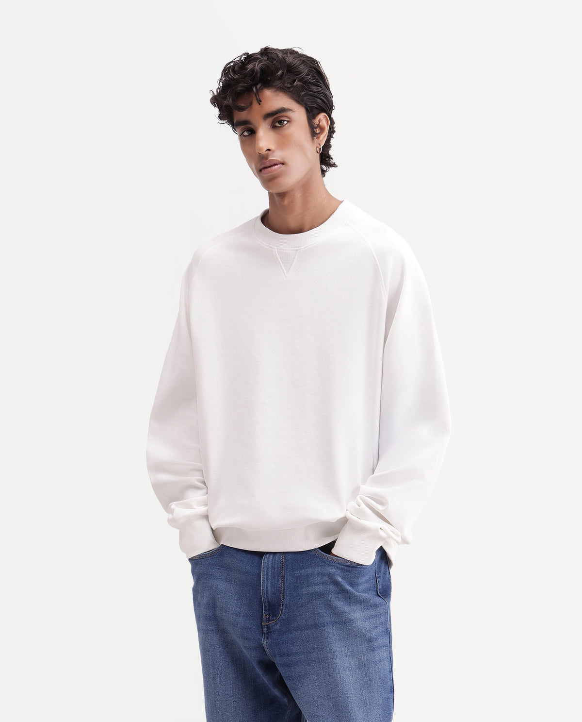 Rare Rabbit Men's Nabro Primary White Cotton Blend High Neck Regular Plain Sweatshirt