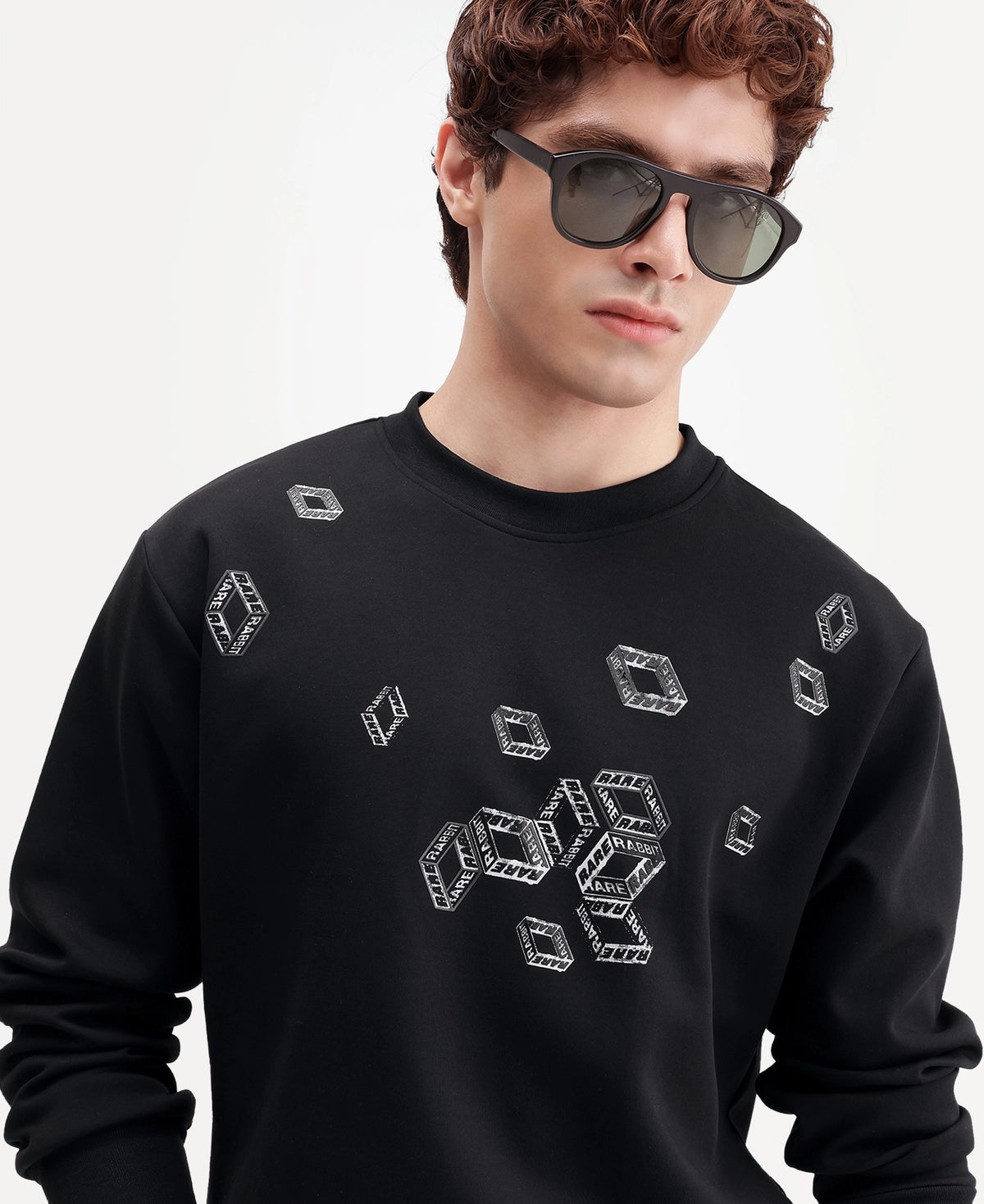 Rare Rabbit Men's Sped Primary Black Cotton Blend Crew Neck Regular Geometric Print Sweatshirt
