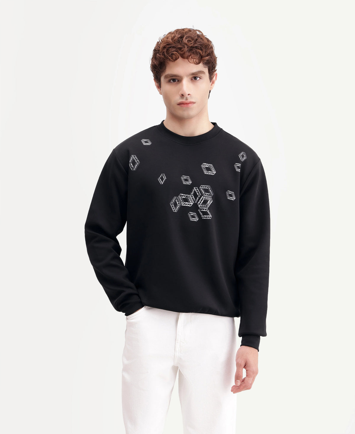 Rare Rabbit Men's Sped Primary Black Cotton Blend Crew Neck Regular Geometric Print Sweatshirt