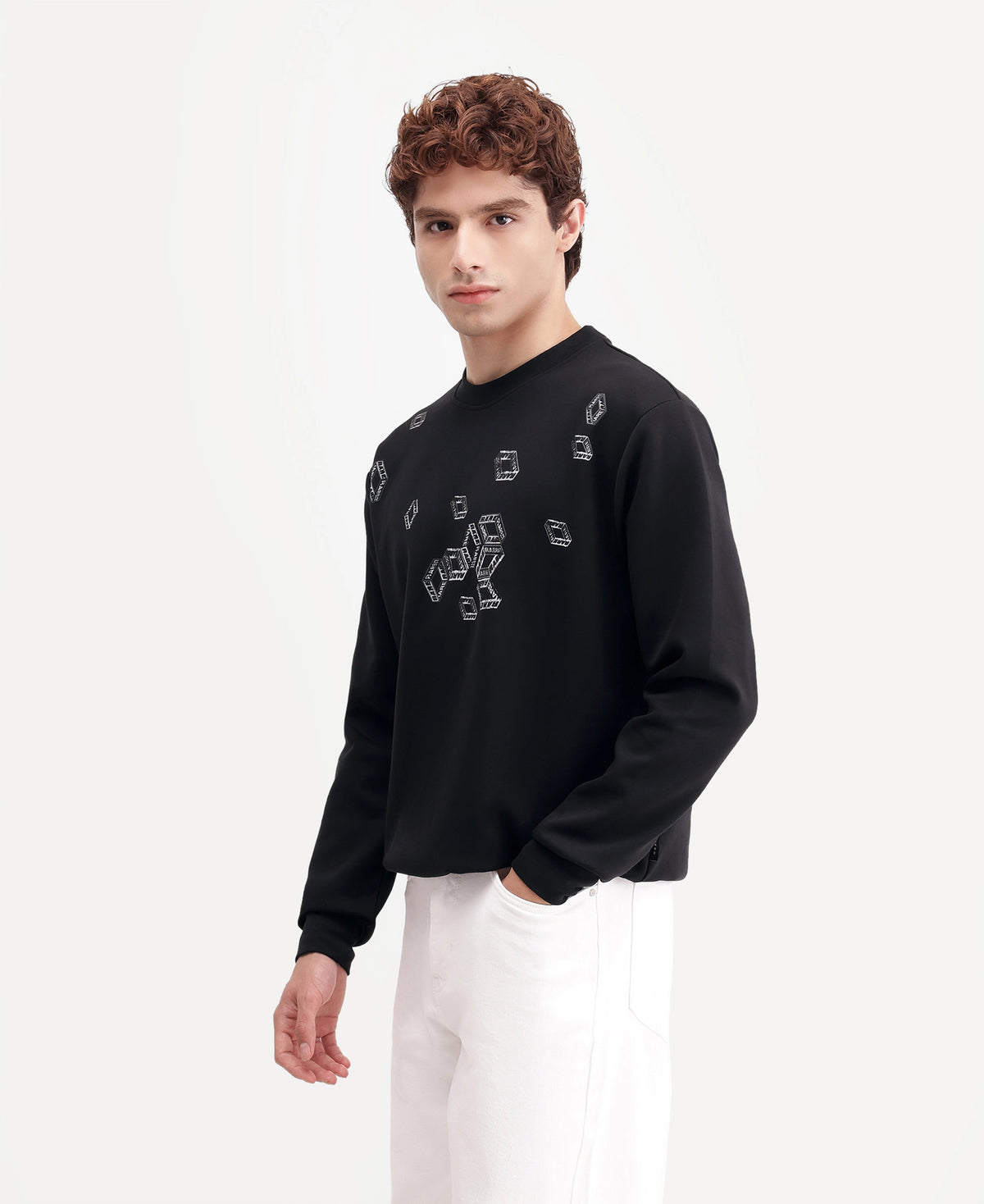 Rare Rabbit Men's Sped Primary Black Cotton Blend Crew Neck Regular Geometric Print Sweatshirt