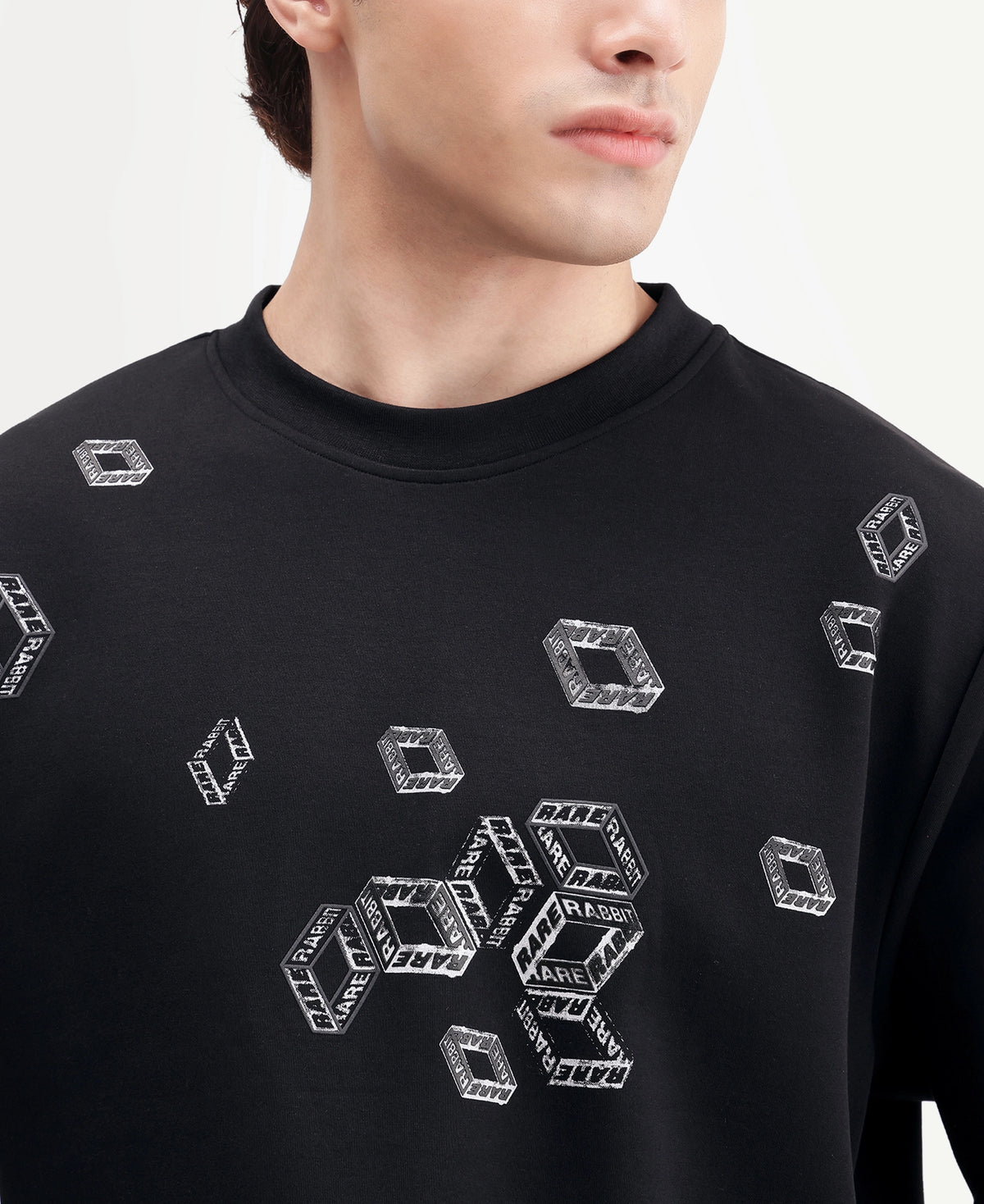 Rare Rabbit Men's Sped Primary Black Cotton Blend Crew Neck Regular Geometric Print Sweatshirt