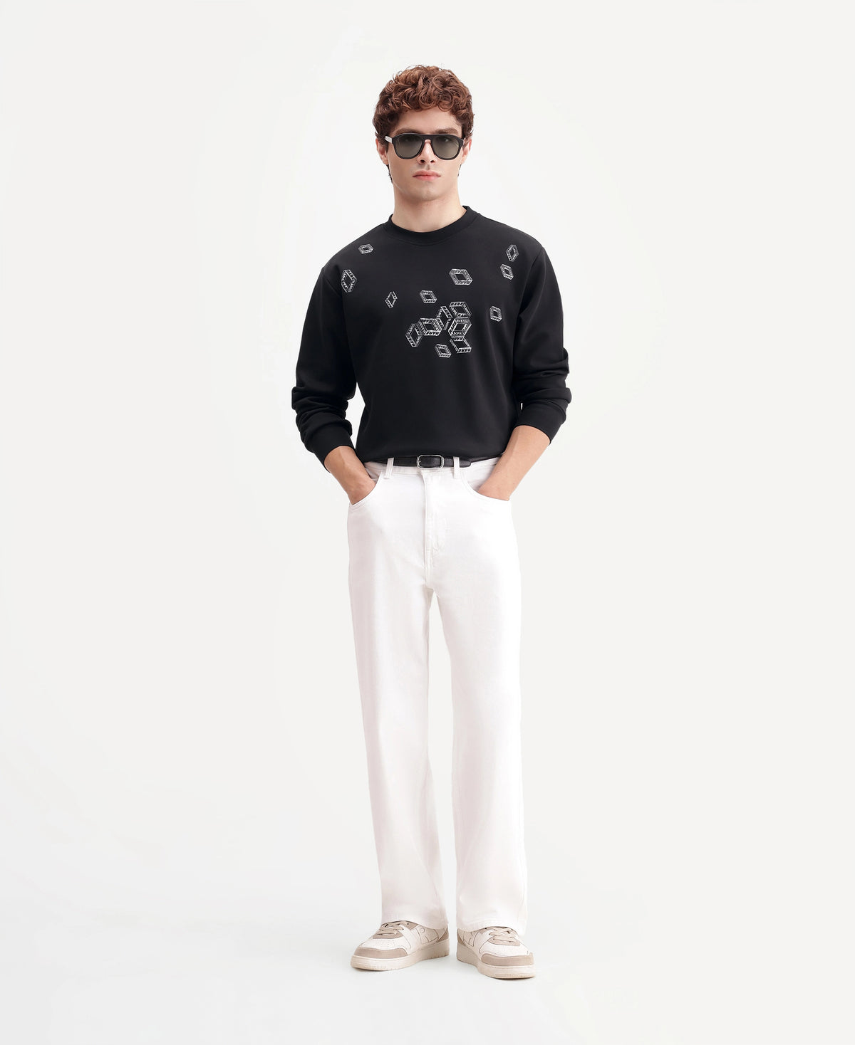 Rare Rabbit Men's Sped Primary Black Cotton Blend Crew Neck Regular Geometric Print Sweatshirt