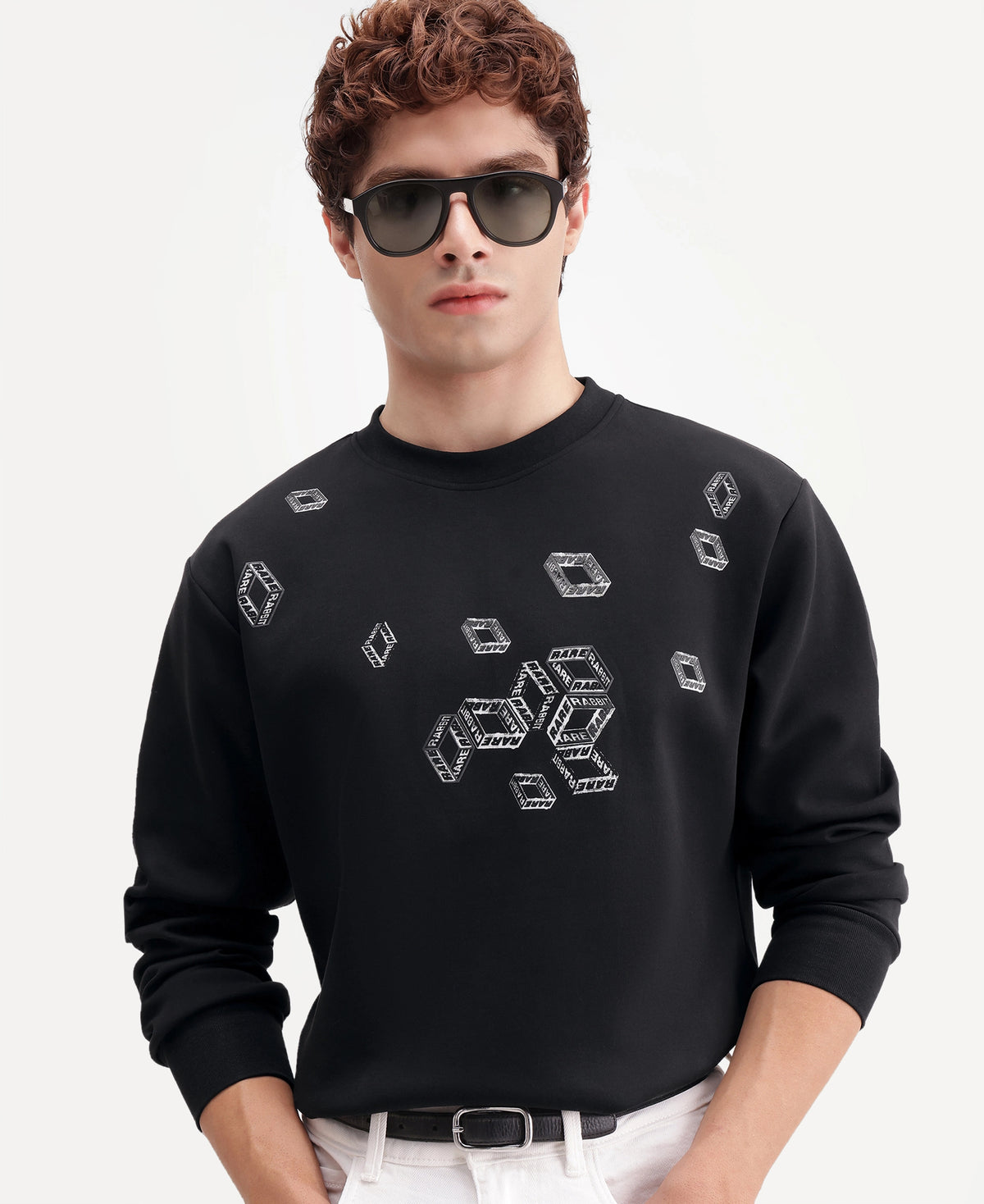 Rare Rabbit Men's Sped Primary Black Cotton Blend Crew Neck Regular Geometric Print Sweatshirt