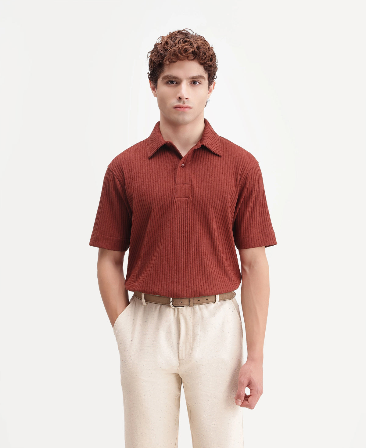 Rare Rabbit Men's Hexx Primary Rust Cotton Blend Spread Collar Regular Plain Polo