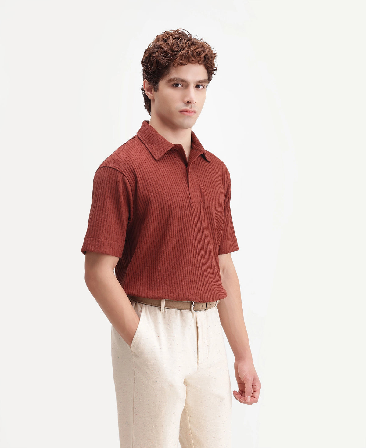 Rare Rabbit Men's Hexx Primary Rust Cotton Blend Spread Collar Regular Plain Polo