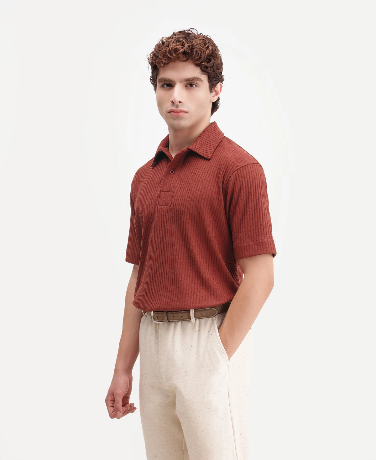 Rare Rabbit Men's Hexx Primary Rust Cotton Blend Spread Collar Regular Plain Polo