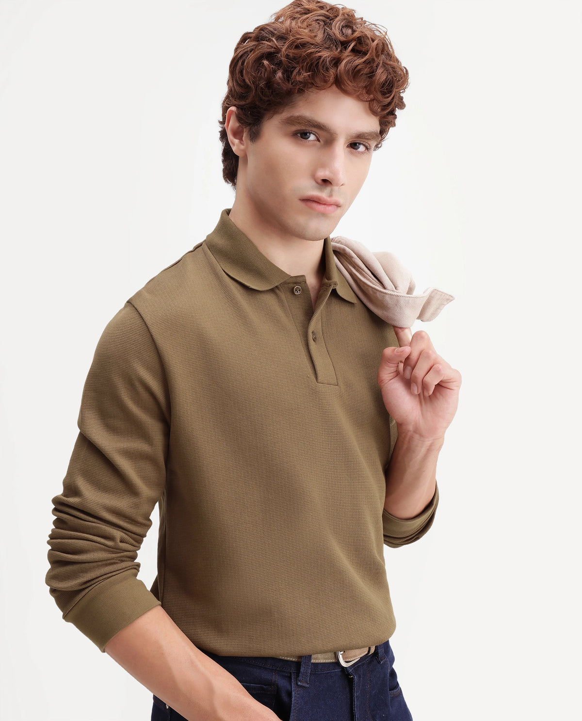 Rare Rabbit Men's Niue Primary Khaki Cotton Blend Spread Collar Regular Plain Polo
