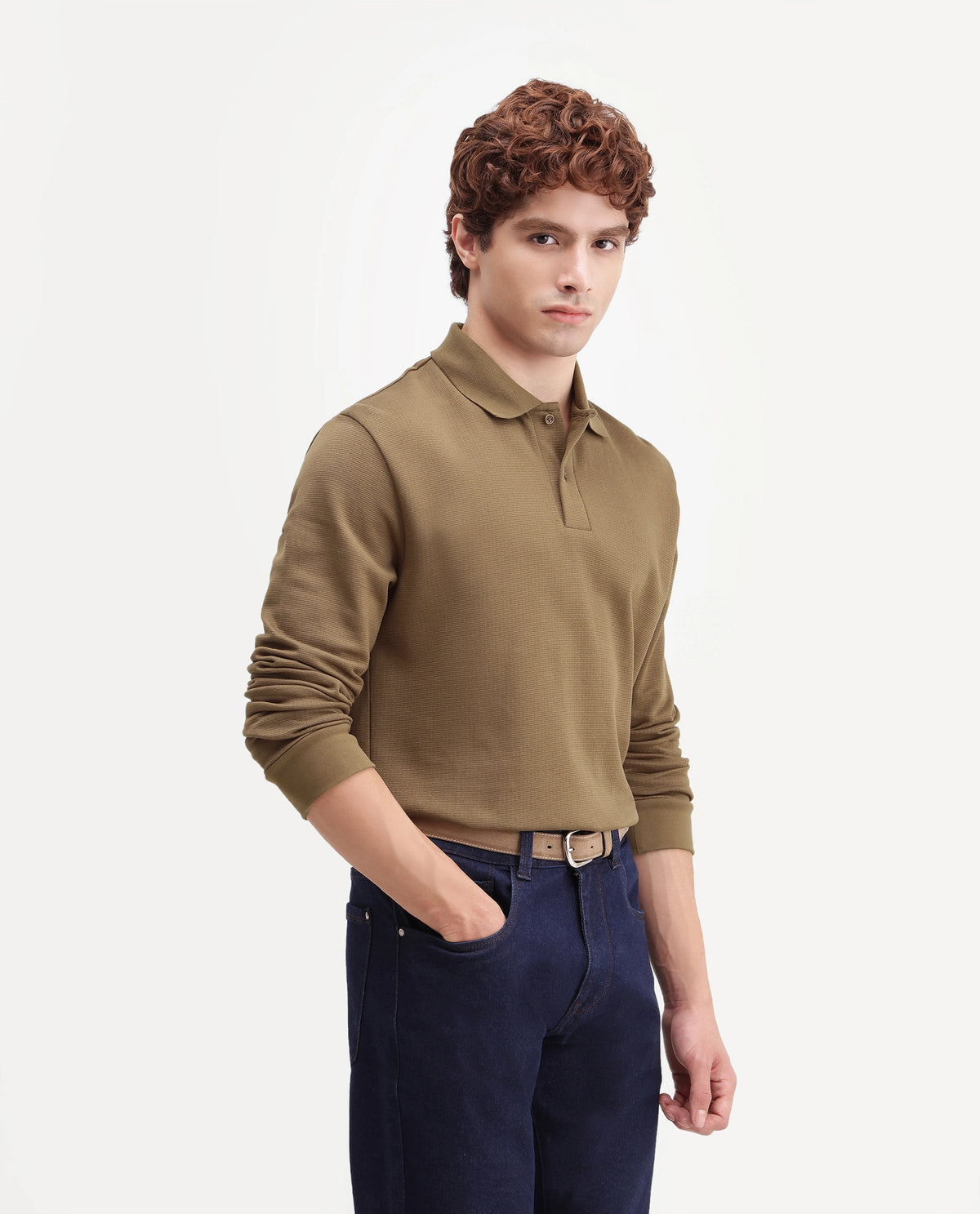 Rare Rabbit Men's Niue Primary Khaki Cotton Blend Spread Collar Regular Plain Polo