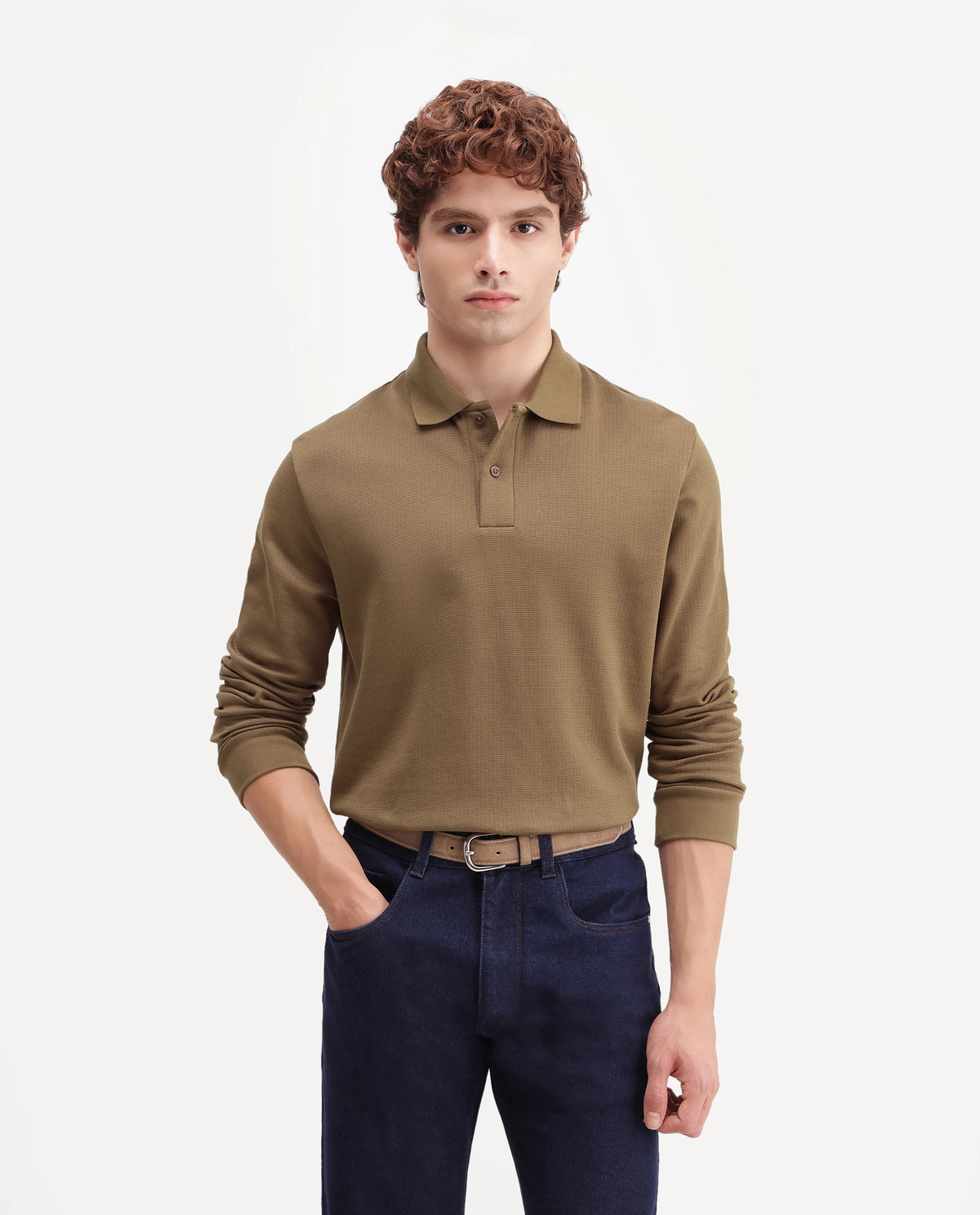 Rare Rabbit Men's Niue Primary Khaki Cotton Blend Spread Collar Regular Plain Polo
