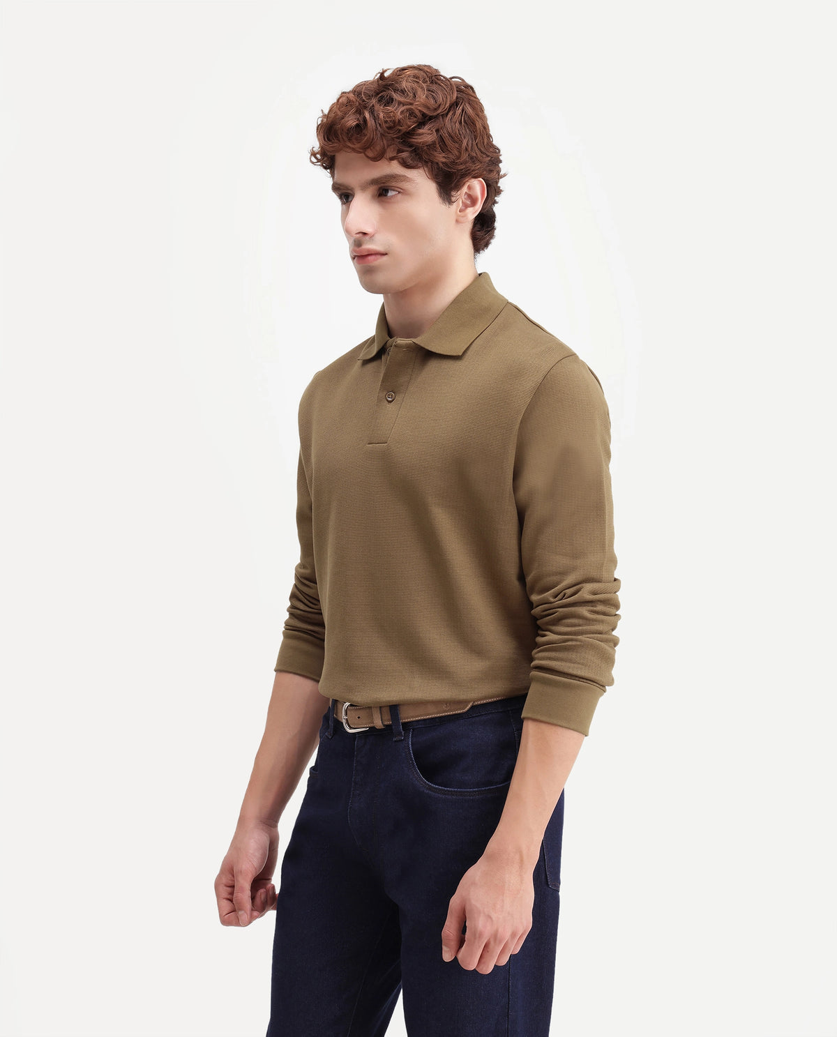 Rare Rabbit Men's Niue Primary Khaki Cotton Blend Spread Collar Regular Plain Polo
