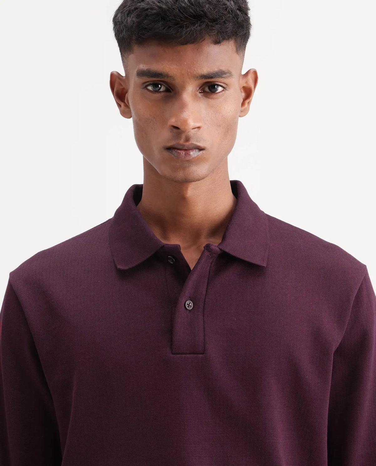 Rare Rabbit Men's Niue Dark Maroon Cotton Blend Spread Collar Regular Plain Polo