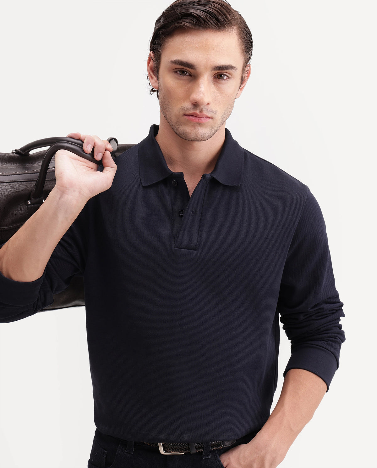 Rare Rabbit Men's Niue Dark Navy Cotton Blend Spread Collar Regular Plain Polo