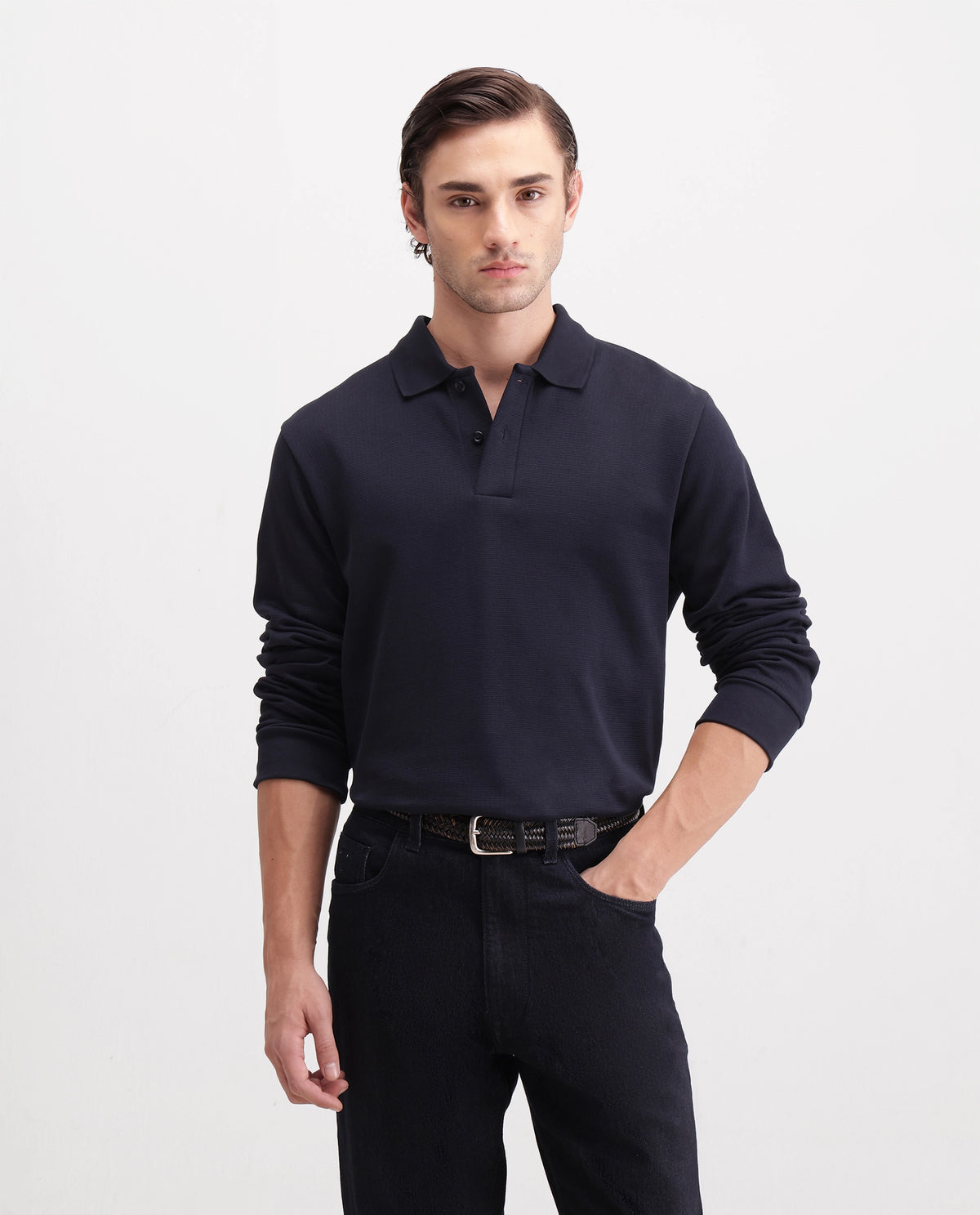 Rare Rabbit Men's Niue Dark Navy Cotton Blend Spread Collar Regular Plain Polo