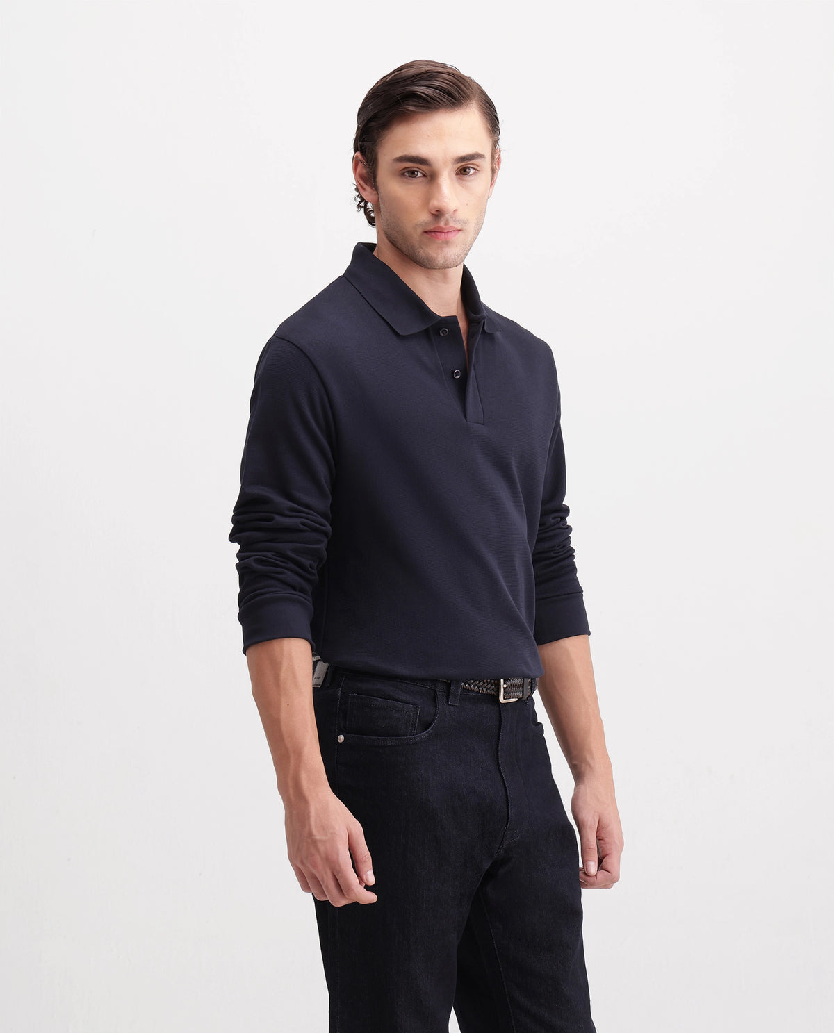 Rare Rabbit Men's Niue Dark Navy Cotton Blend Spread Collar Regular Plain Polo