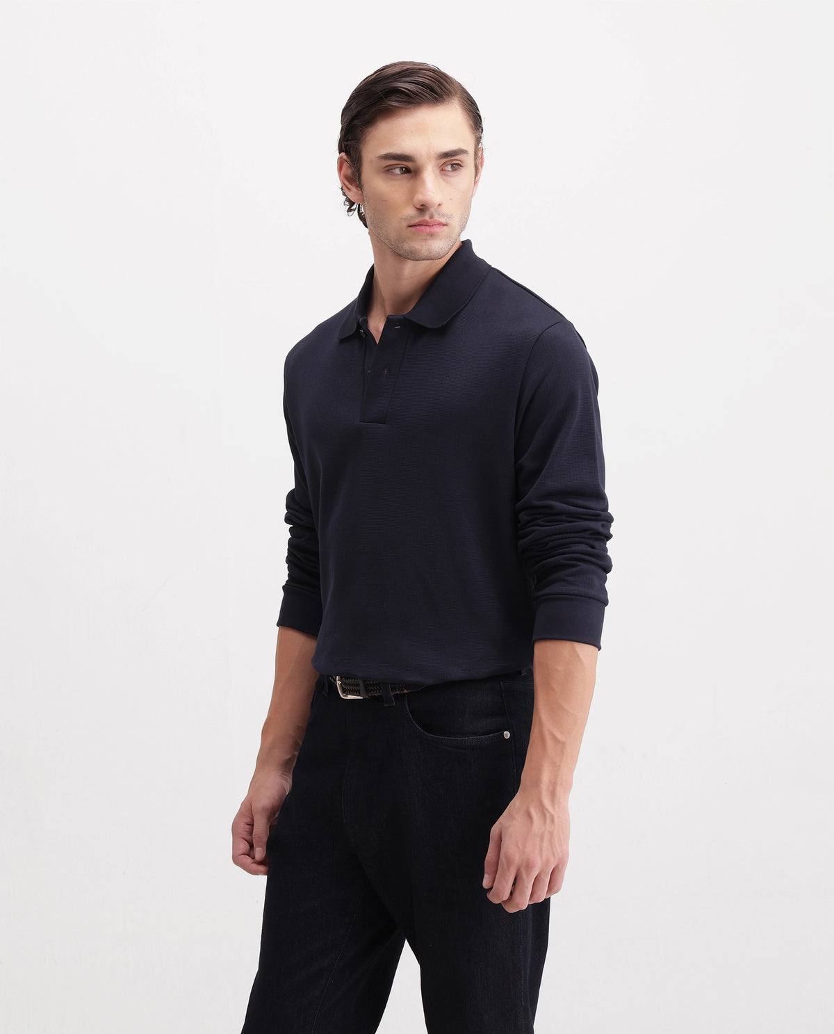 Rare Rabbit Men's Niue Dark Navy Cotton Blend Spread Collar Regular Plain Polo