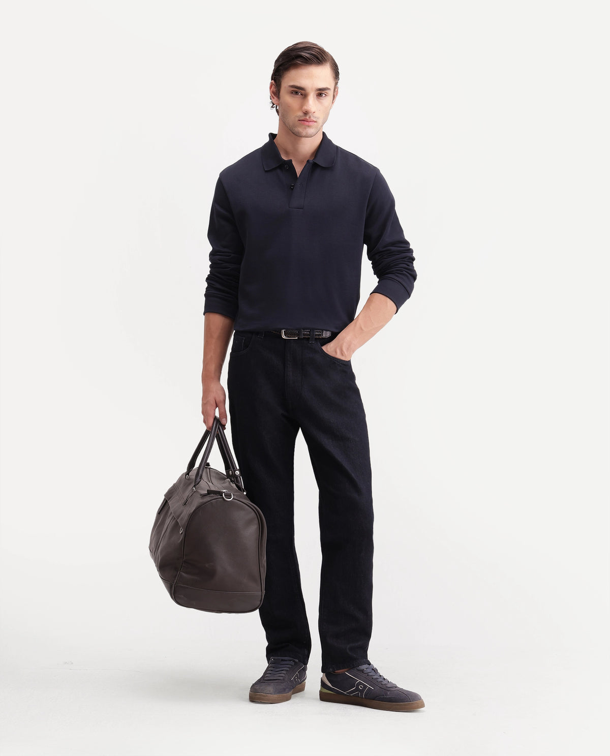 Rare Rabbit Men's Niue Dark Navy Cotton Blend Spread Collar Regular Plain Polo
