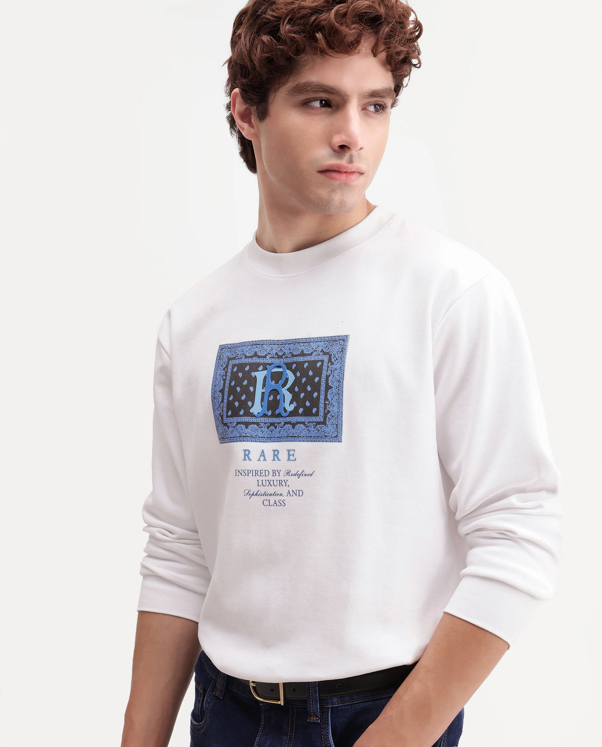 Rare Rabbit Men's Kowa Primary White Cotton Blend Crew Neck Regular Graphic Print Sweatshirt