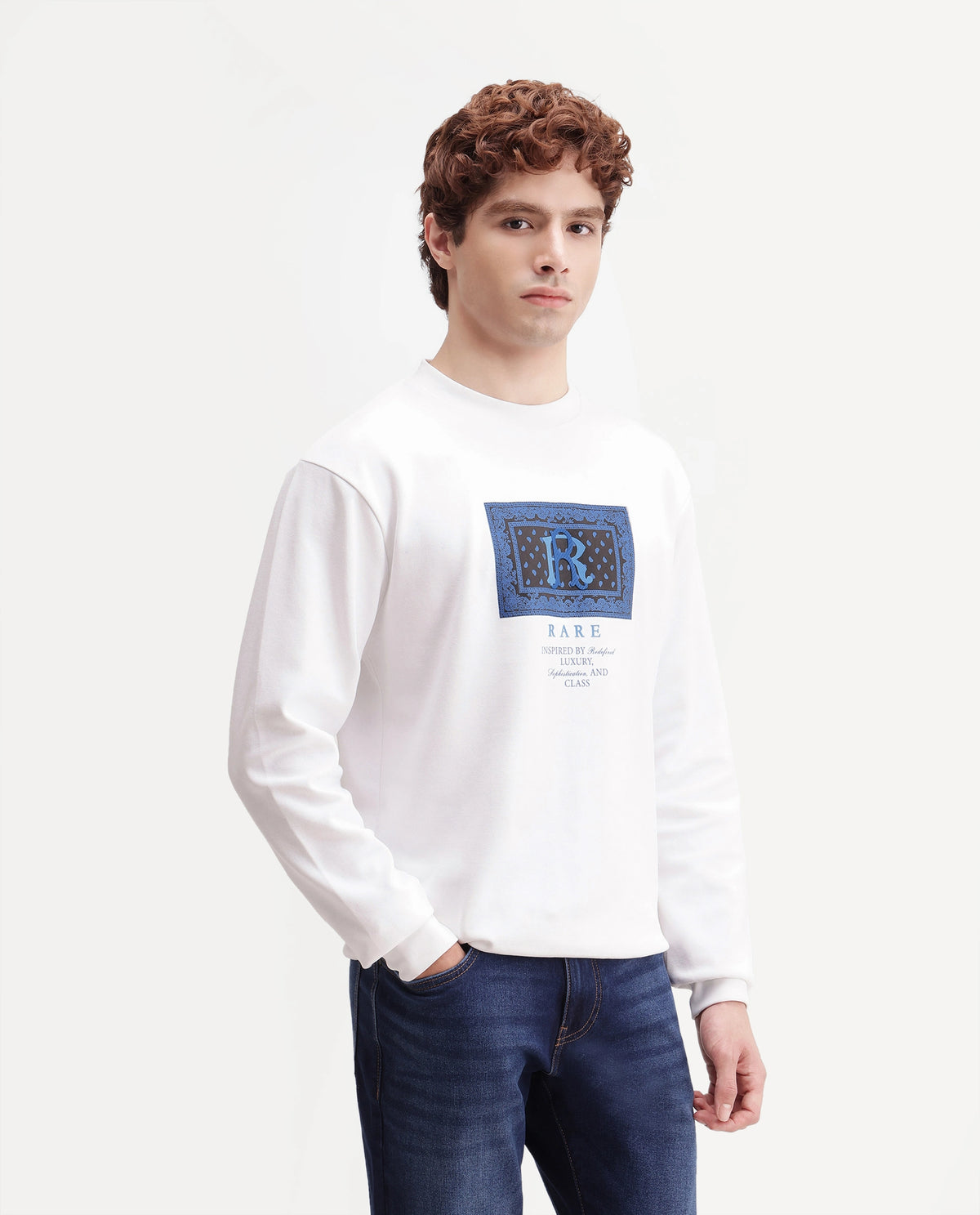 Rare Rabbit Men's Kowa Primary White Cotton Blend Crew Neck Regular Graphic Print Sweatshirt