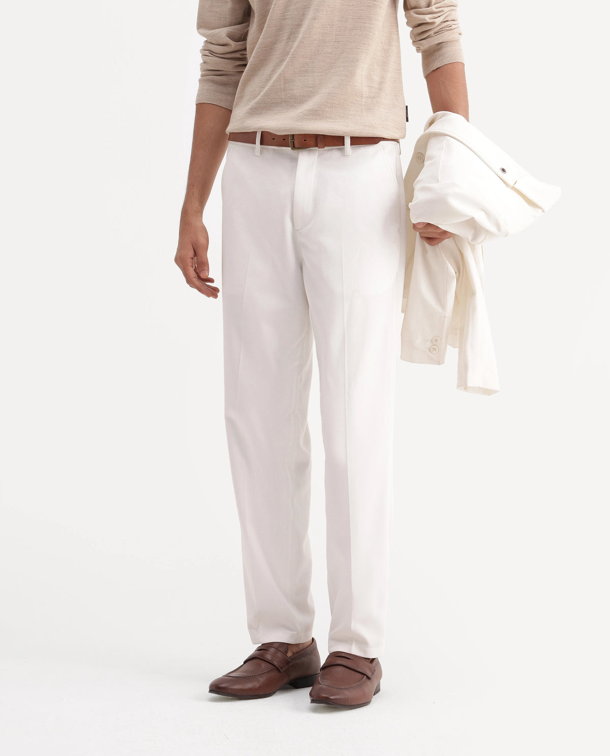 Rare Rabbit Men's Lext Primary White Polyester Blend Regular Plain Trouser