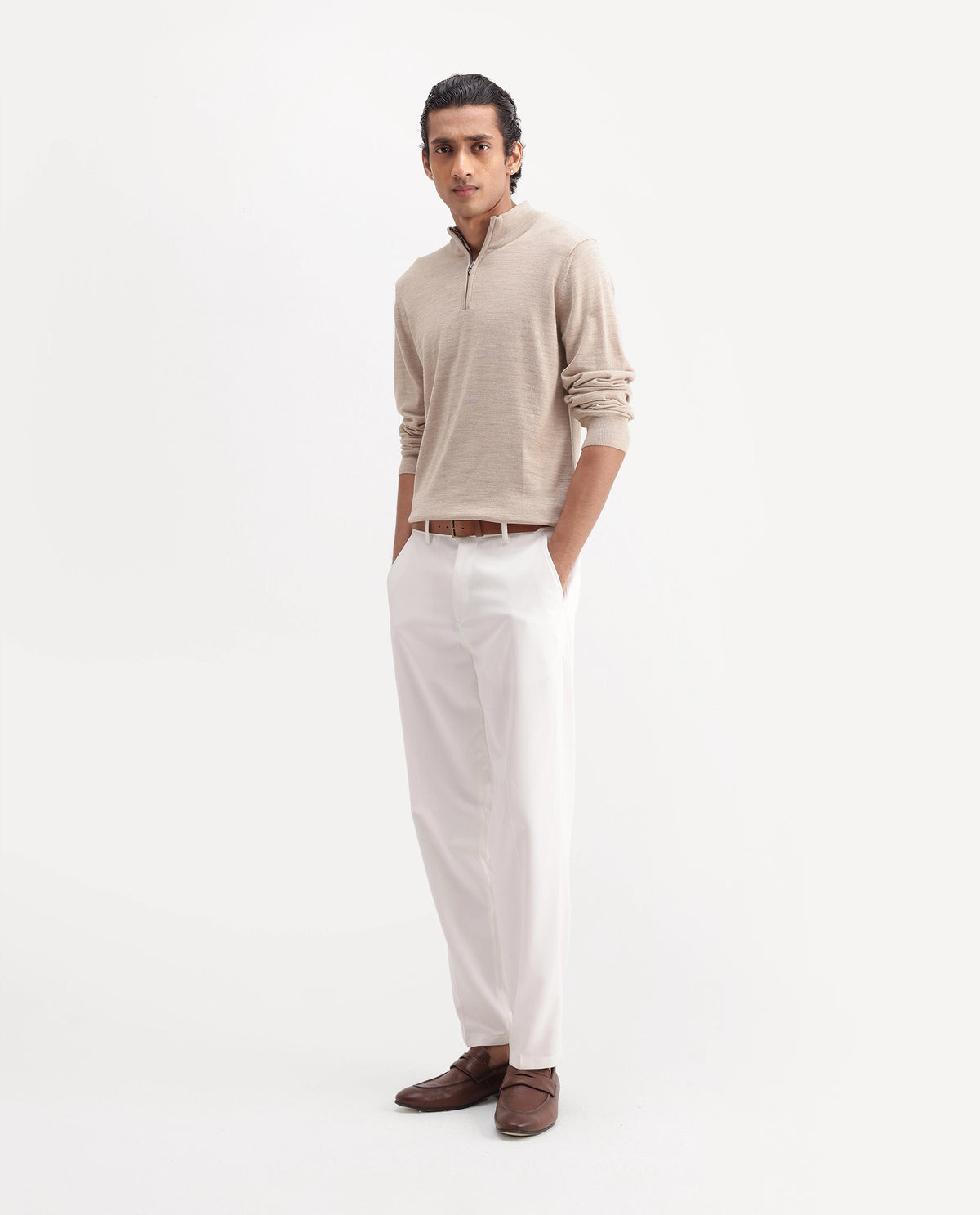 Rare Rabbit Men's Lext Primary White Polyester Blend Regular Plain Trouser