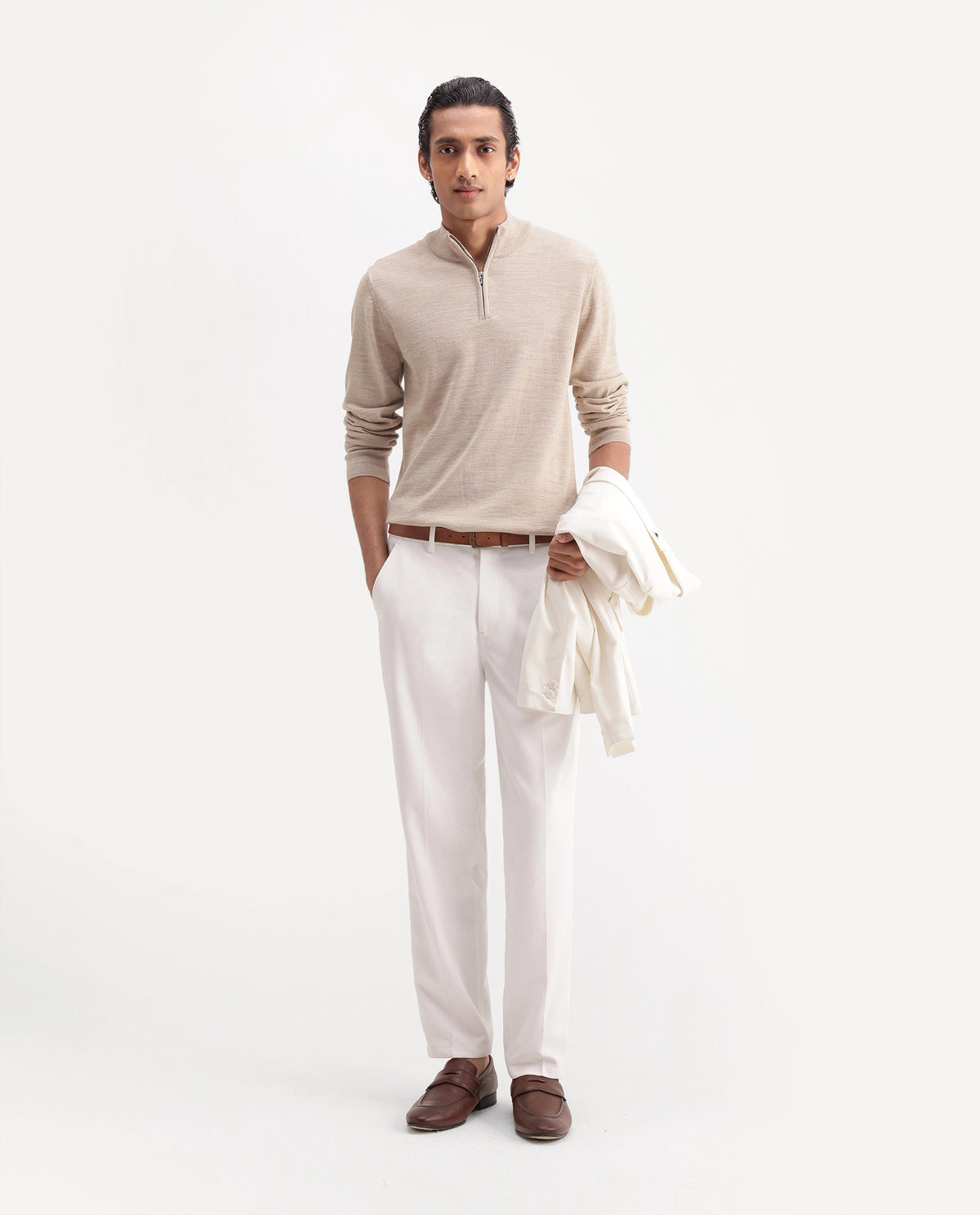 Rare Rabbit Men's Lext Primary White Polyester Blend Regular Plain Trouser