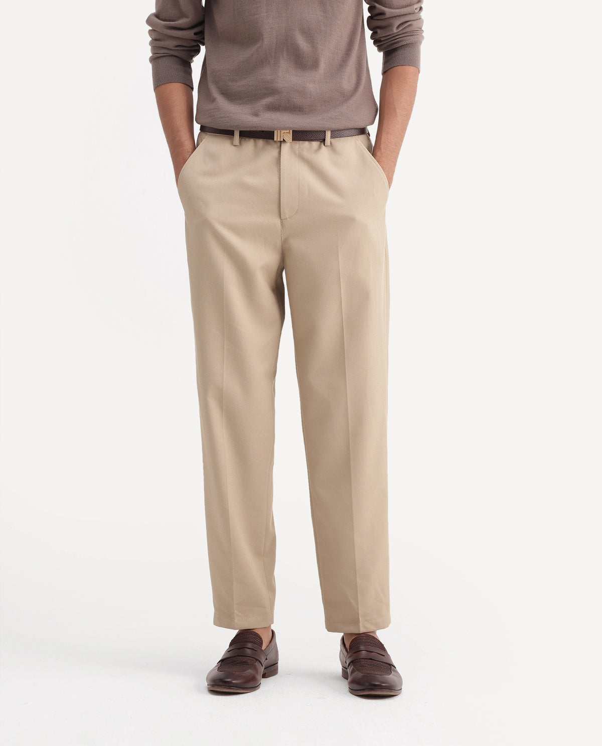 Rare Rabbit Men's Lext Primary Beige Polyester Blend Regular Plain Trouser