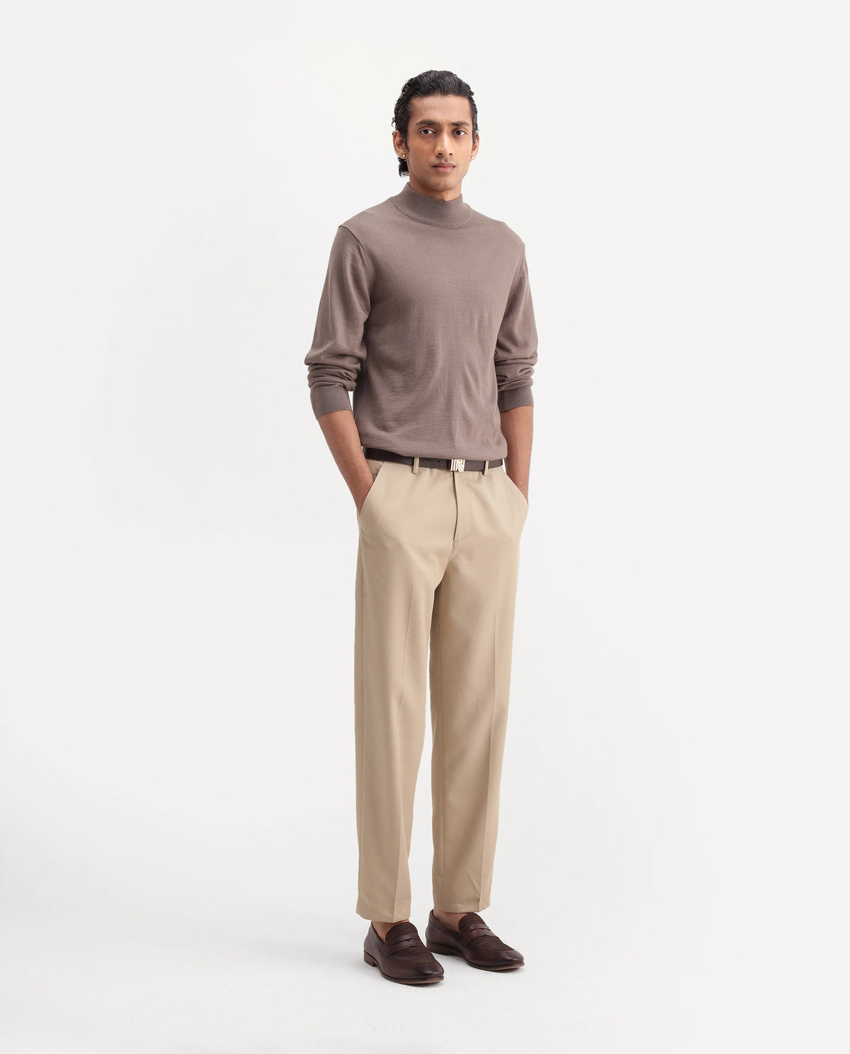 Rare Rabbit Men's Lext Primary Beige Polyester Blend Regular Plain Trouser