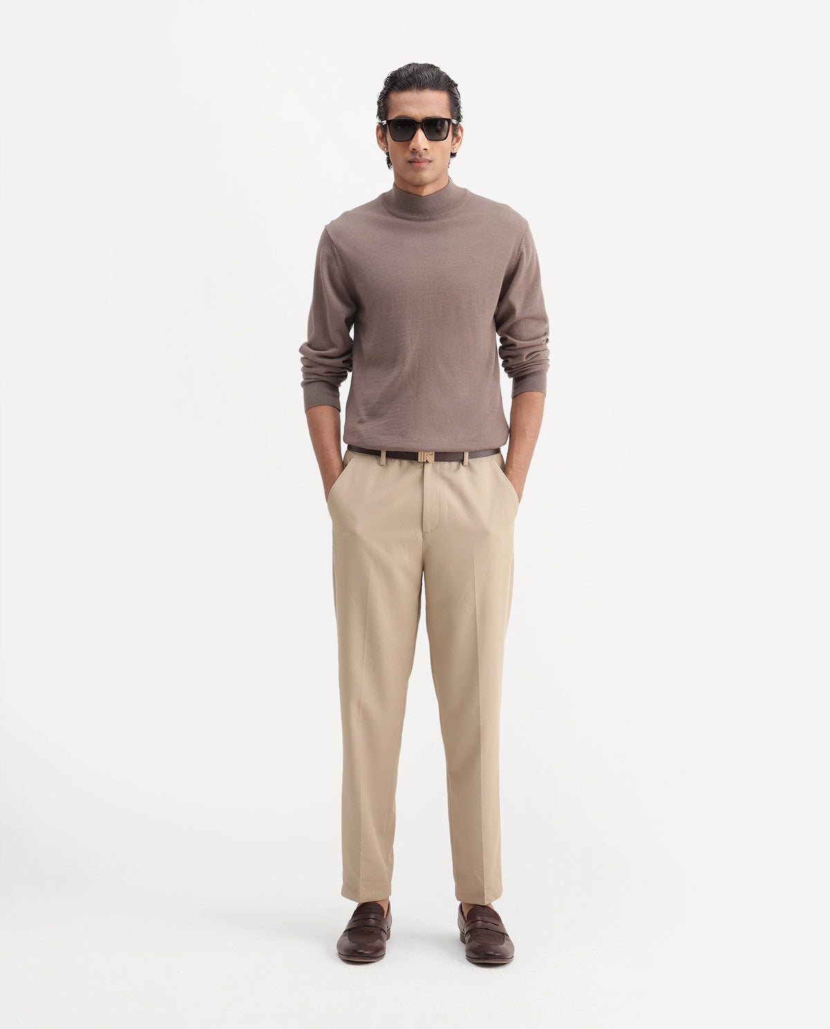 Rare Rabbit Men's Lext Primary Beige Polyester Blend Regular Plain Trouser