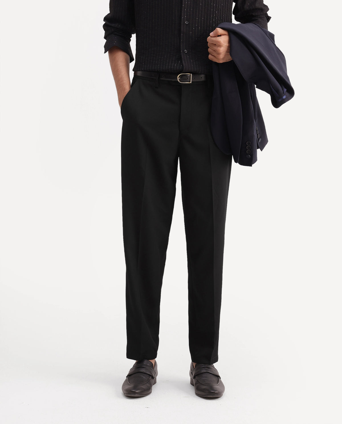 Rare Rabbit Men's Lext Primary Black Polyester Blend Regular Plain Trouser