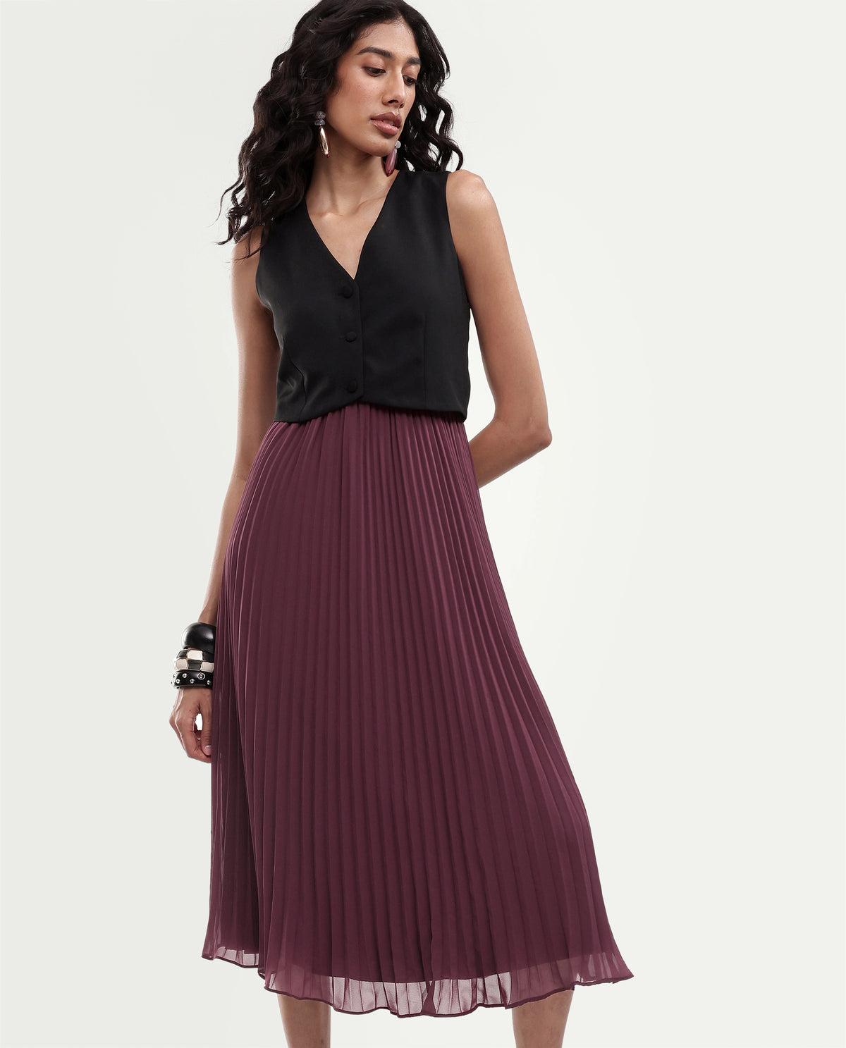 Rareism Women's Wace Primary Maroon Polyester V-Neck Fit And Flare Plain Dress