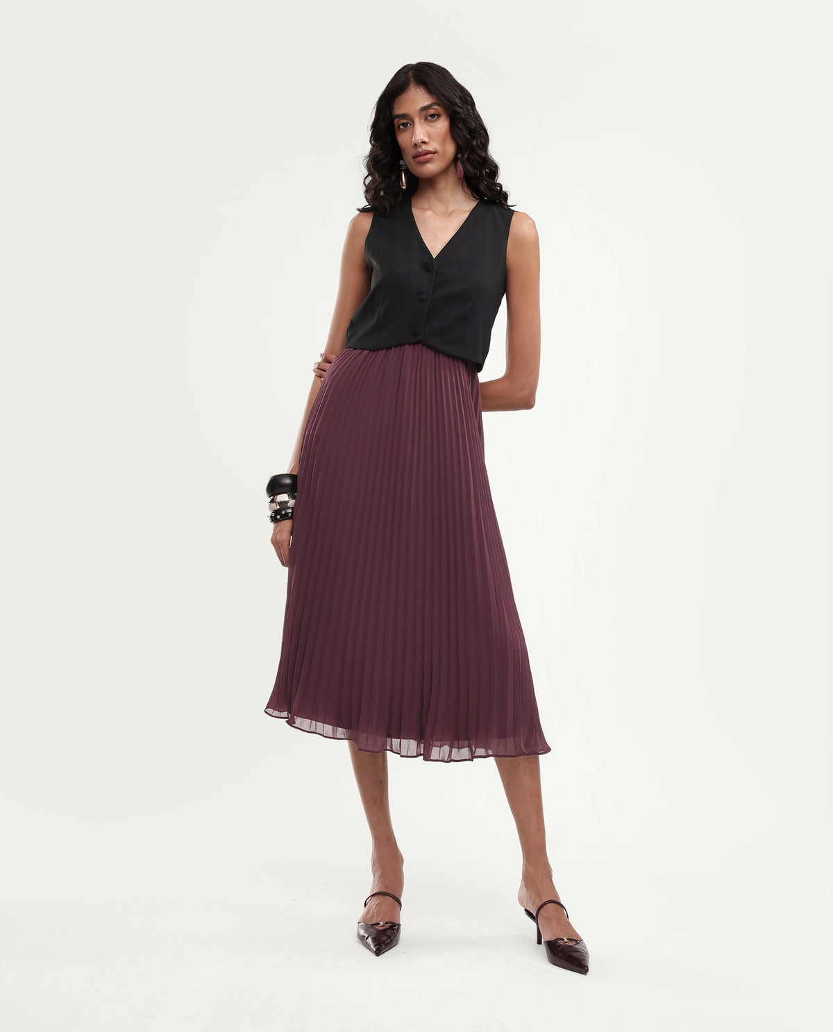 Rareism Women's Wace Primary Maroon Polyester V-Neck Fit And Flare Plain Dress