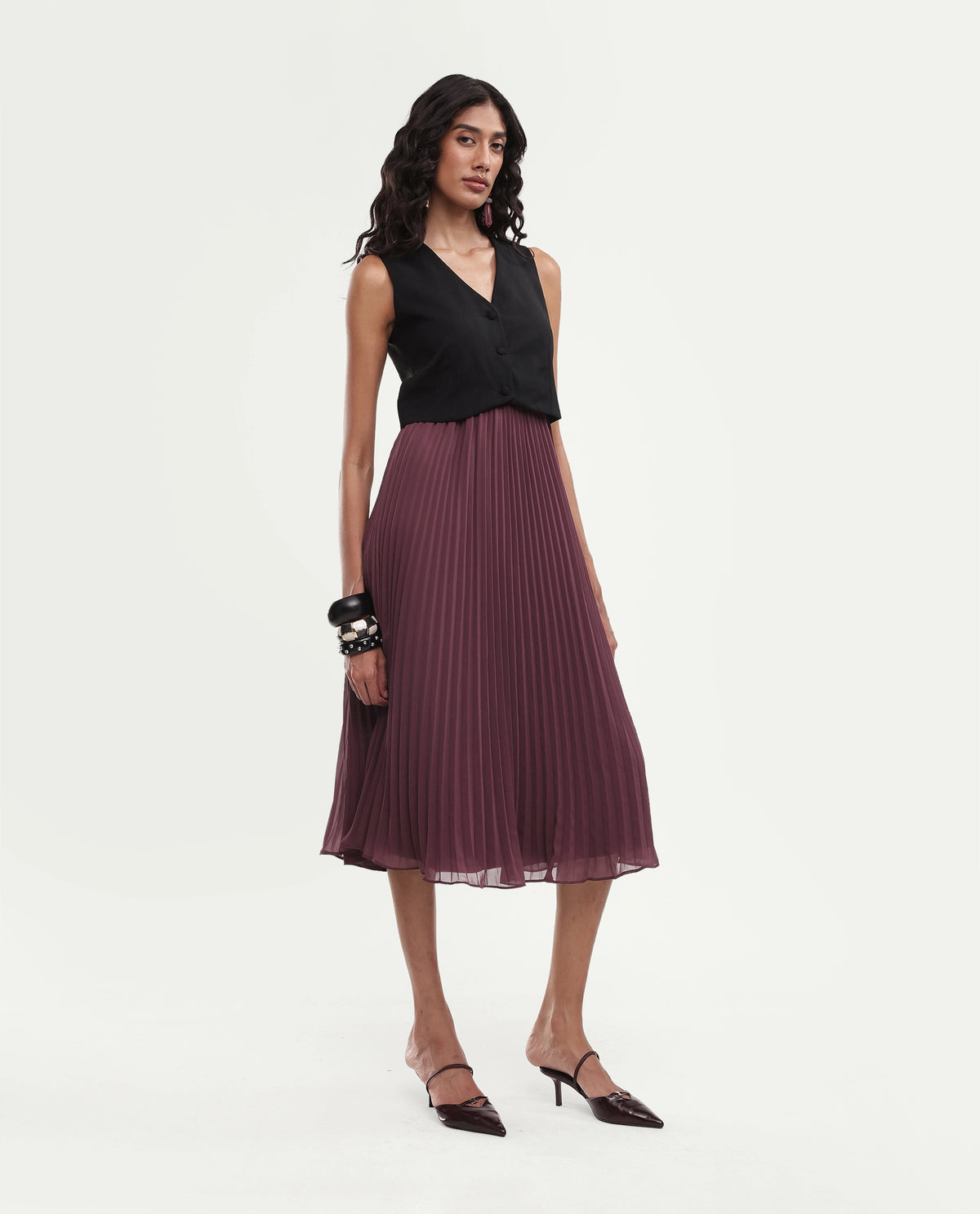 Rareism Women's Wace Primary Maroon Polyester V-Neck Fit And Flare Plain Dress
