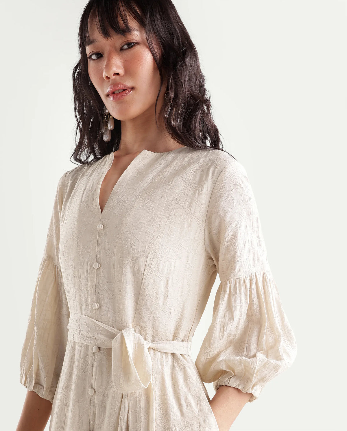 Rareism Women's Fluny Light Beige Viscose Blend V-Neck Fit And Flare Jacquard Dress